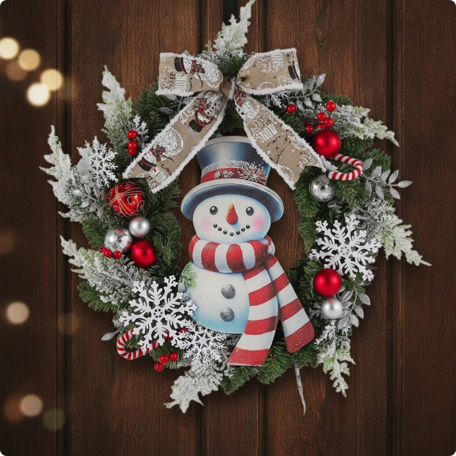 MERIGLARE Couronne de Noël Couronne Décorative Guirlande Ornement Foyer avec Flocons Baies et Boules sur Base de Sapin en Plastique avec Nœud Jute Convient à Porte d'Entrée Cheminée Salon50cm