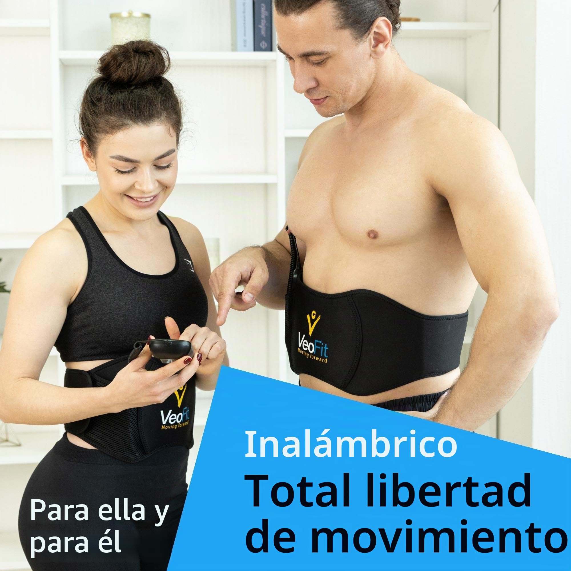 VEOFIT - Cinturón abdominal electroestimulador muscular abdominal para hombre y mujer, 10 programas de 99 intensidades, inalámbricos, sin geles, talla máxima: 140 cm