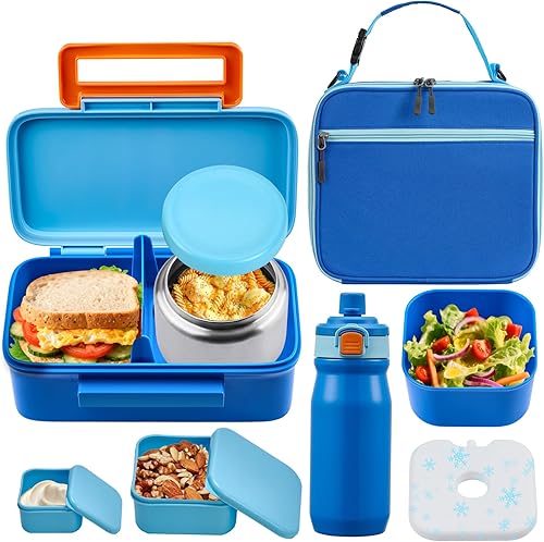 PIQUEBAR Lonchera Bento para niños con bolsa de almuerzo térmica de 8 onzas, con bolsa de almuerzo aislada, botella de agua aislada con popote para