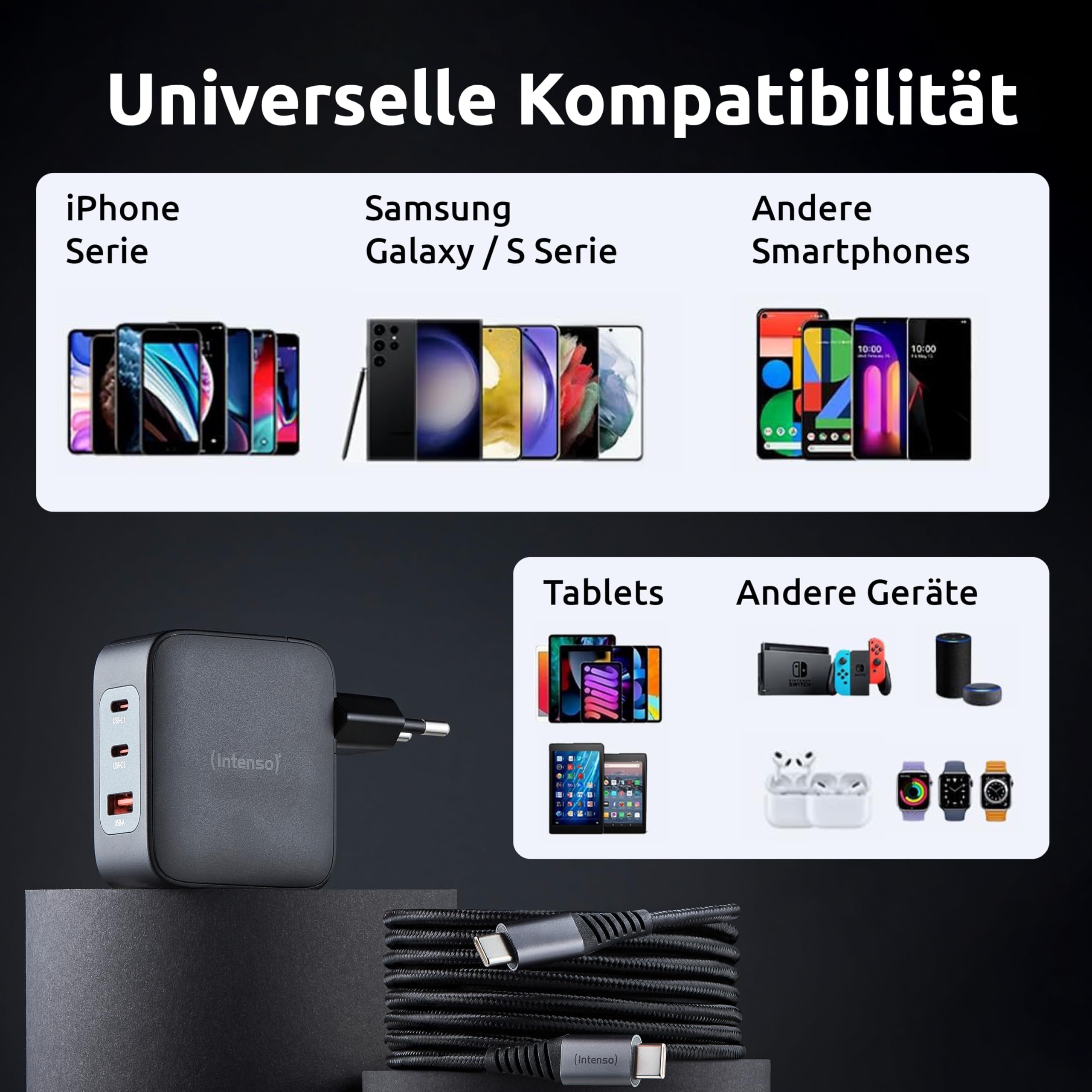 Intenso 100W GaN Schnellladegerät mit USB-C Kabel 2m – 3-Port Netzteil (2X USB-C, 1x USB-A), PD 3.1, PPS & QC 5.0 Fast Charger für MacBook, Laptop, iPhone 16/15, Samsung Galaxy, iPad, Schwarz