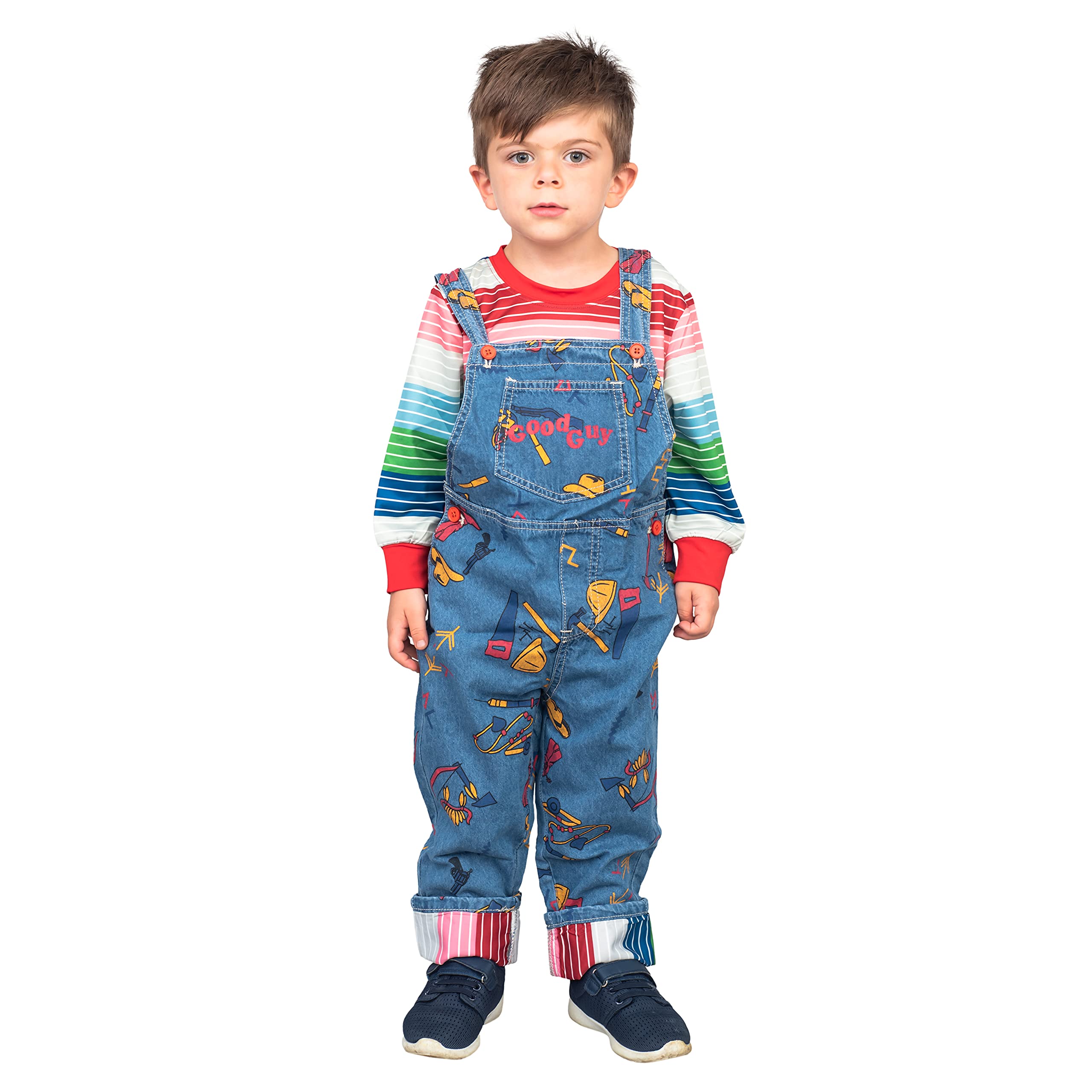 Chuckie Good Guy Doll Kids Costume Set Long Sleeve Shirt and Overalls Childrens Halloween Cosplay