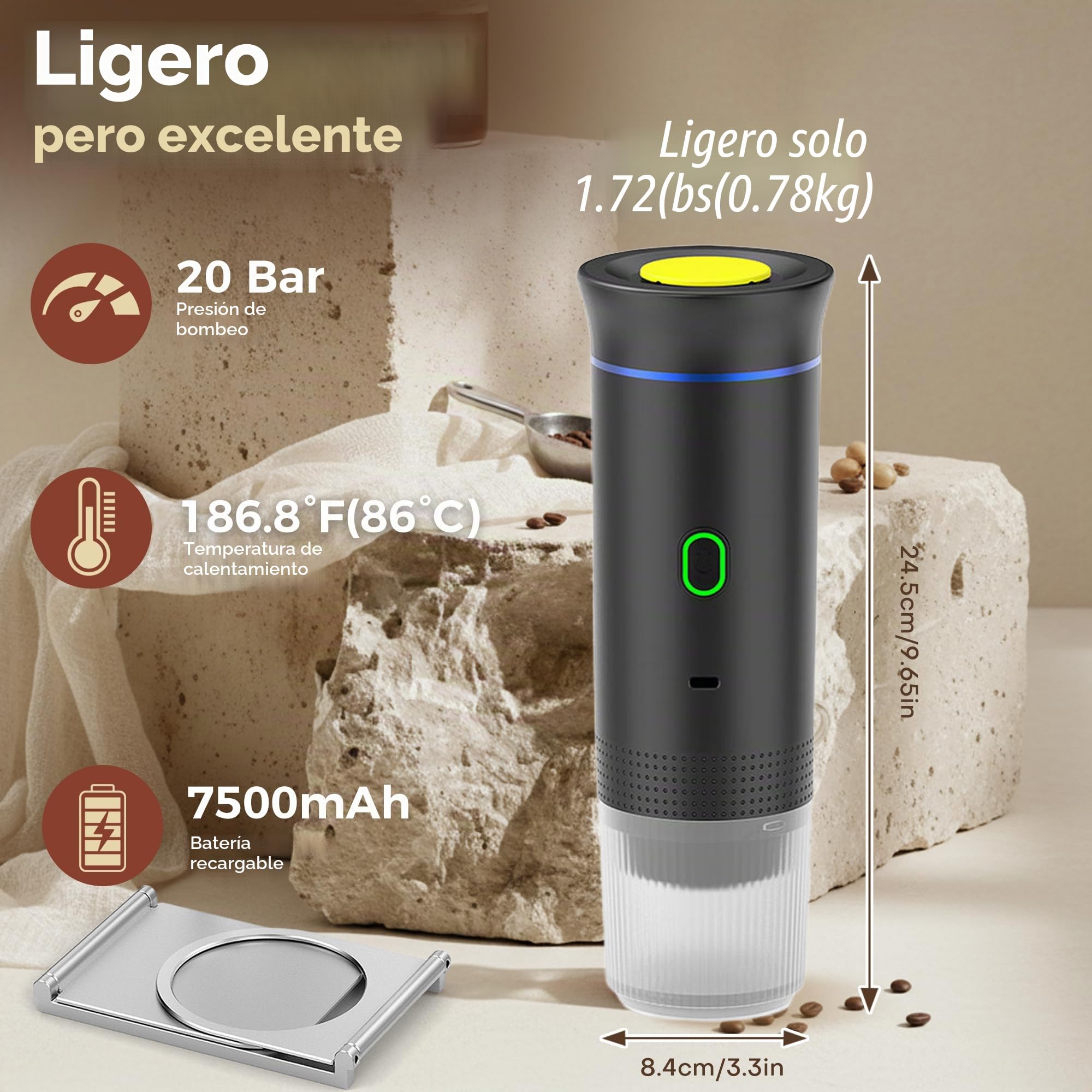 Cafetera Portátil 3 en 1, Máquina de Café Expresso con Soporte y Bolsa, Batería Recargable de 7500mAh, Compatible con Cápsulas y Café Molido, Para Viaje, Camping, Coche, Oficina (Blanco)