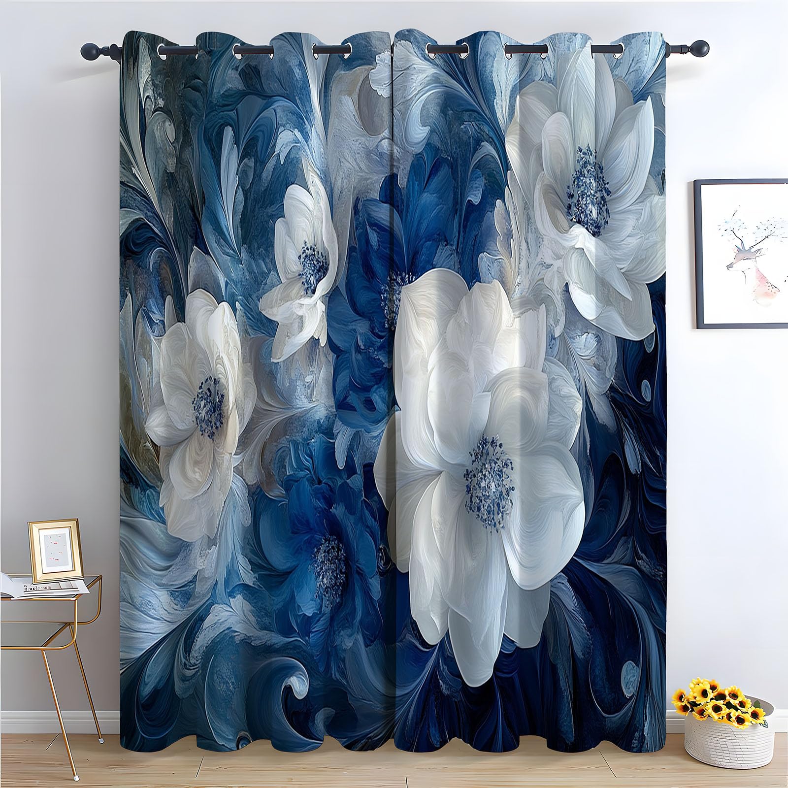Rideau occultant contre la lumière extérieure motif fleurs bleues bohème pour la nuit