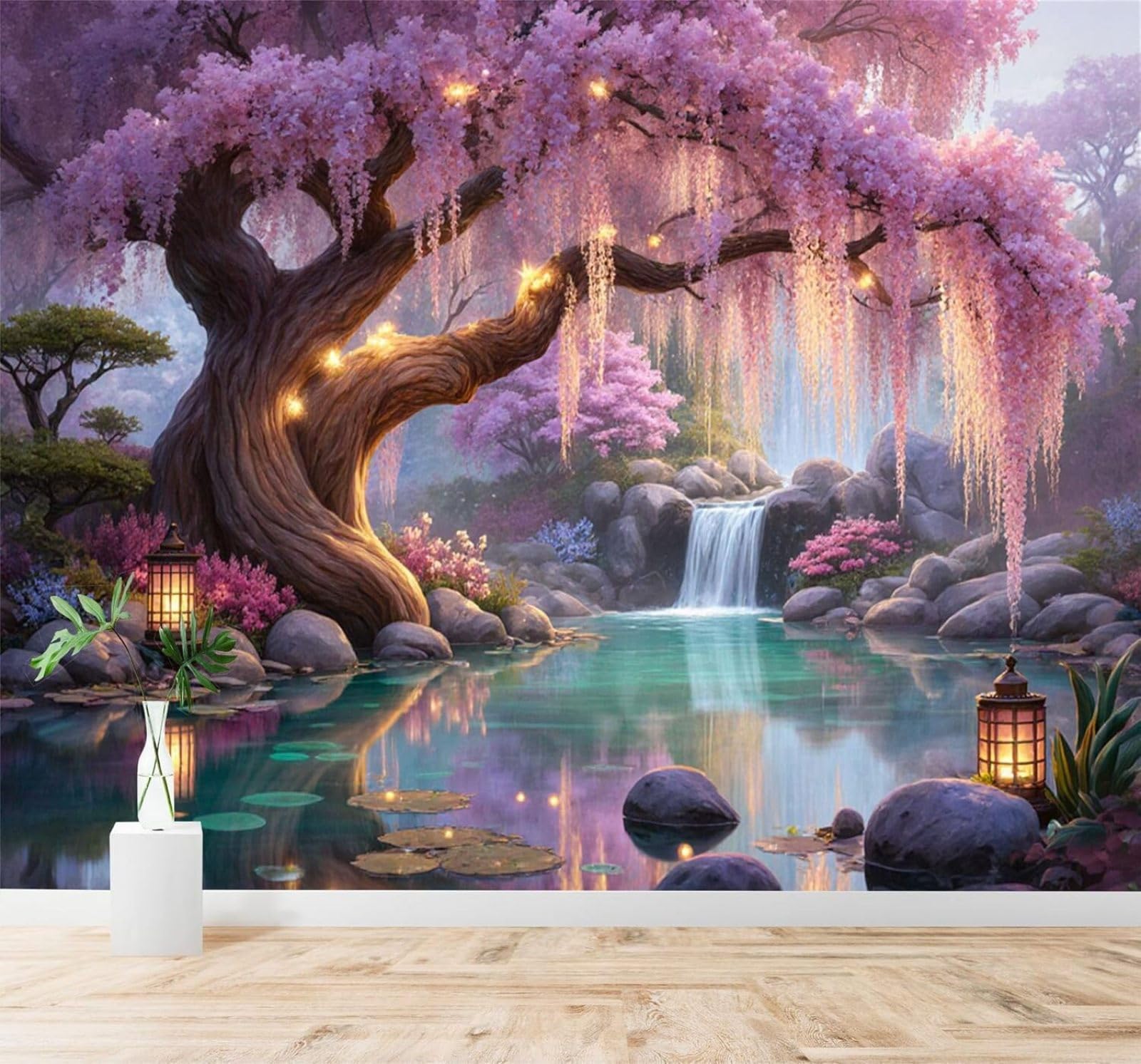 XLMING Serene Lake Beautiful Cherry Blossom Trees Lanterns Waterfall 3D Wallpaper Silky Texture Home Study Office Grey Dining Room Sofa Bedroom Living Room TV Backdrop-400cm×280cm