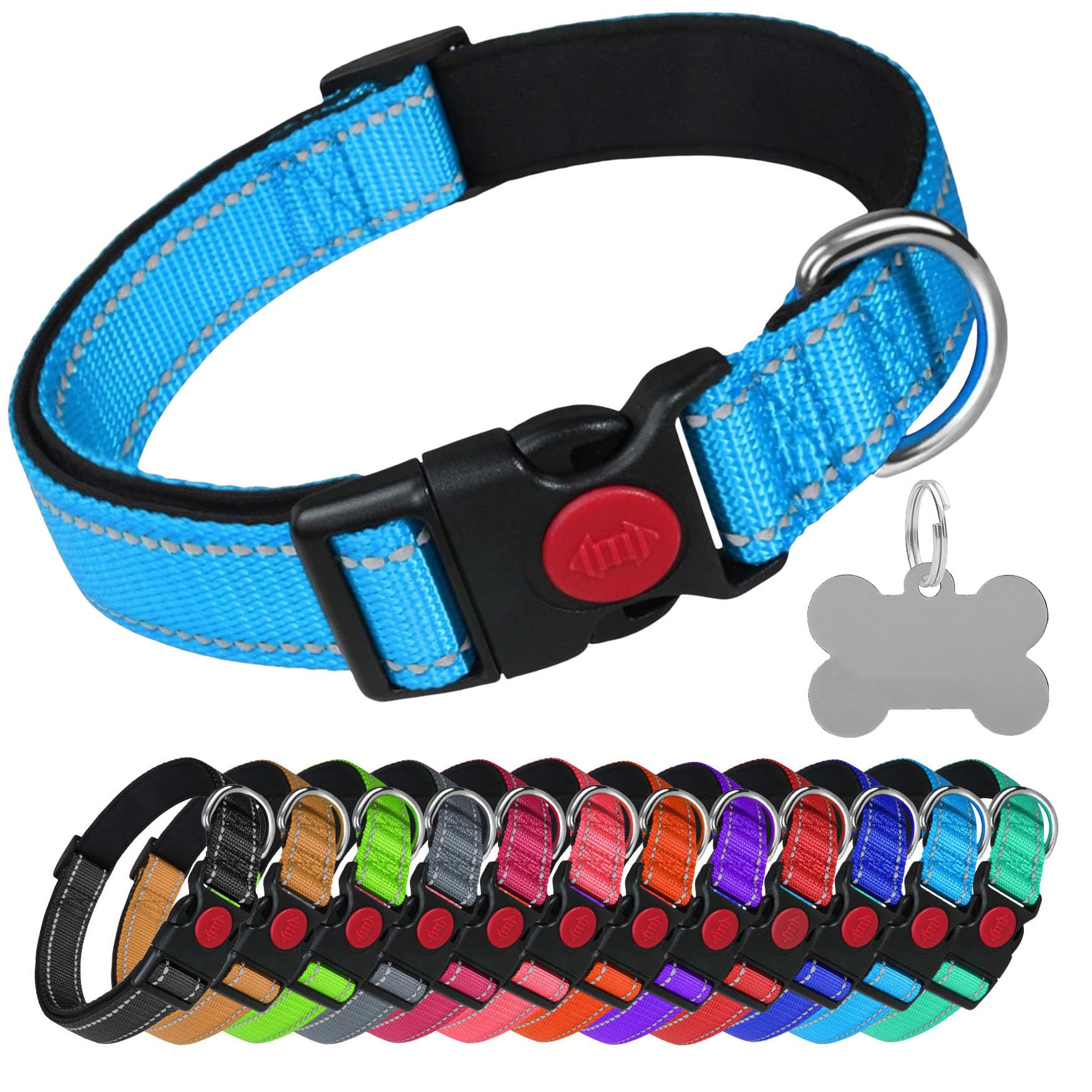 LARRYROO Reflective Dog Soft Padded Nylon Collar | Slide Lock Safety Buckle | Fully Adjustable With Personalised Engraved Silver Bone Shaped Tag (Sky Blue, Extra Large (45cm - 70cm Neck))