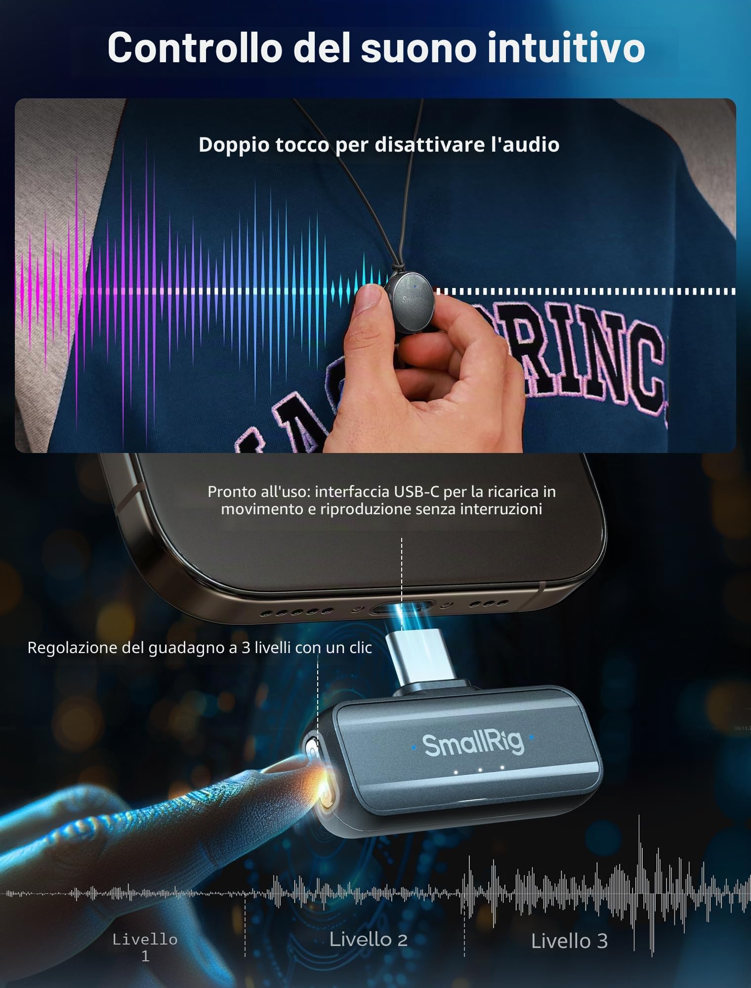 SMALLRIG S60 Microfono Lavalier Wireless con USB C per iPhone, per Android, Mini Mic con Batteria da 44 Ore, Riduzione del Rumore, Mute, Gain, per Registrazione Video, Vlogging, Intervista – 4934