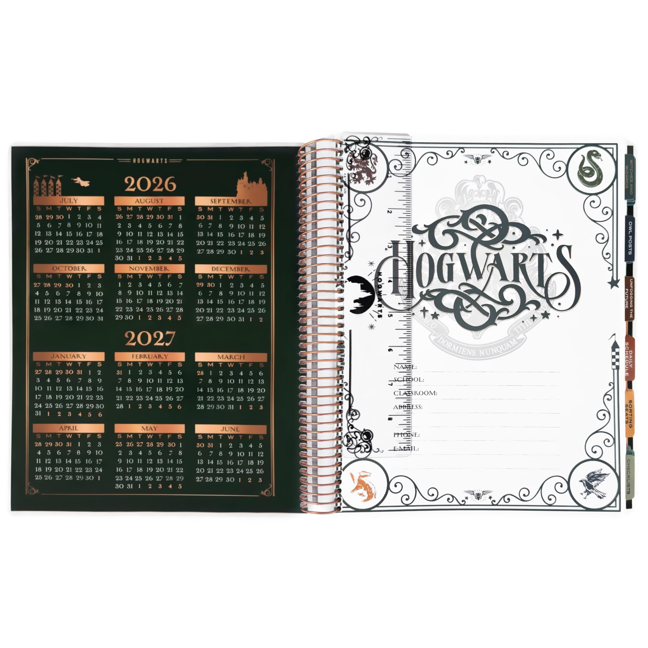 ConQuest Journals 2026-2027 Harry Potter Hogwarts, organizador académico de julio a junio, calendarios mensuales y semanales, listas de verificación, contactos y listas de estudiantes, 11.25 x 9.5