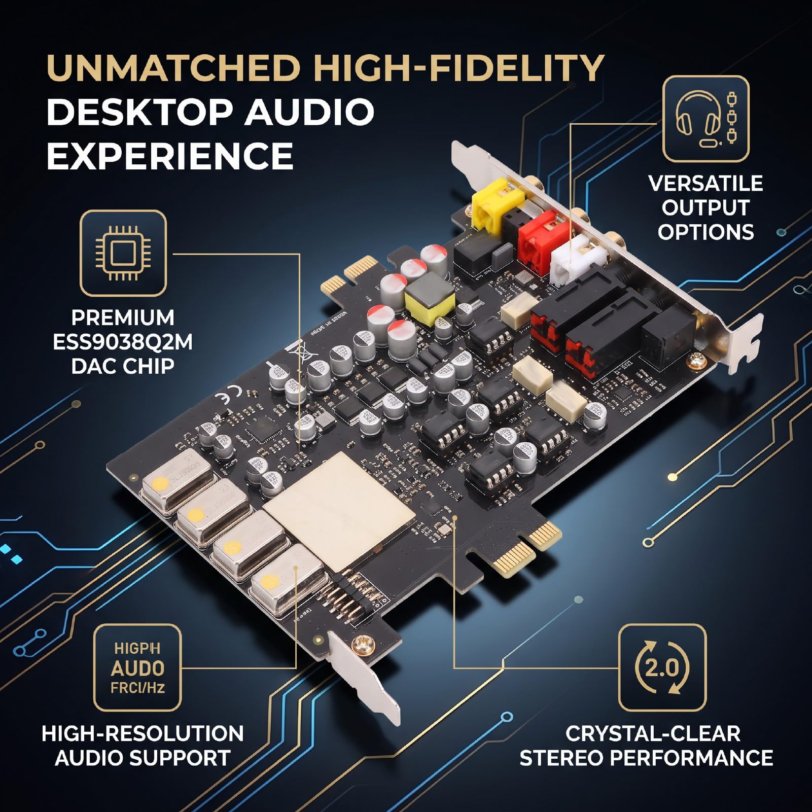Cuifati Tarjeta de Sonido PCIe, Chip DAC ESS9038Q2M, Estéreo de 2.0 Canales