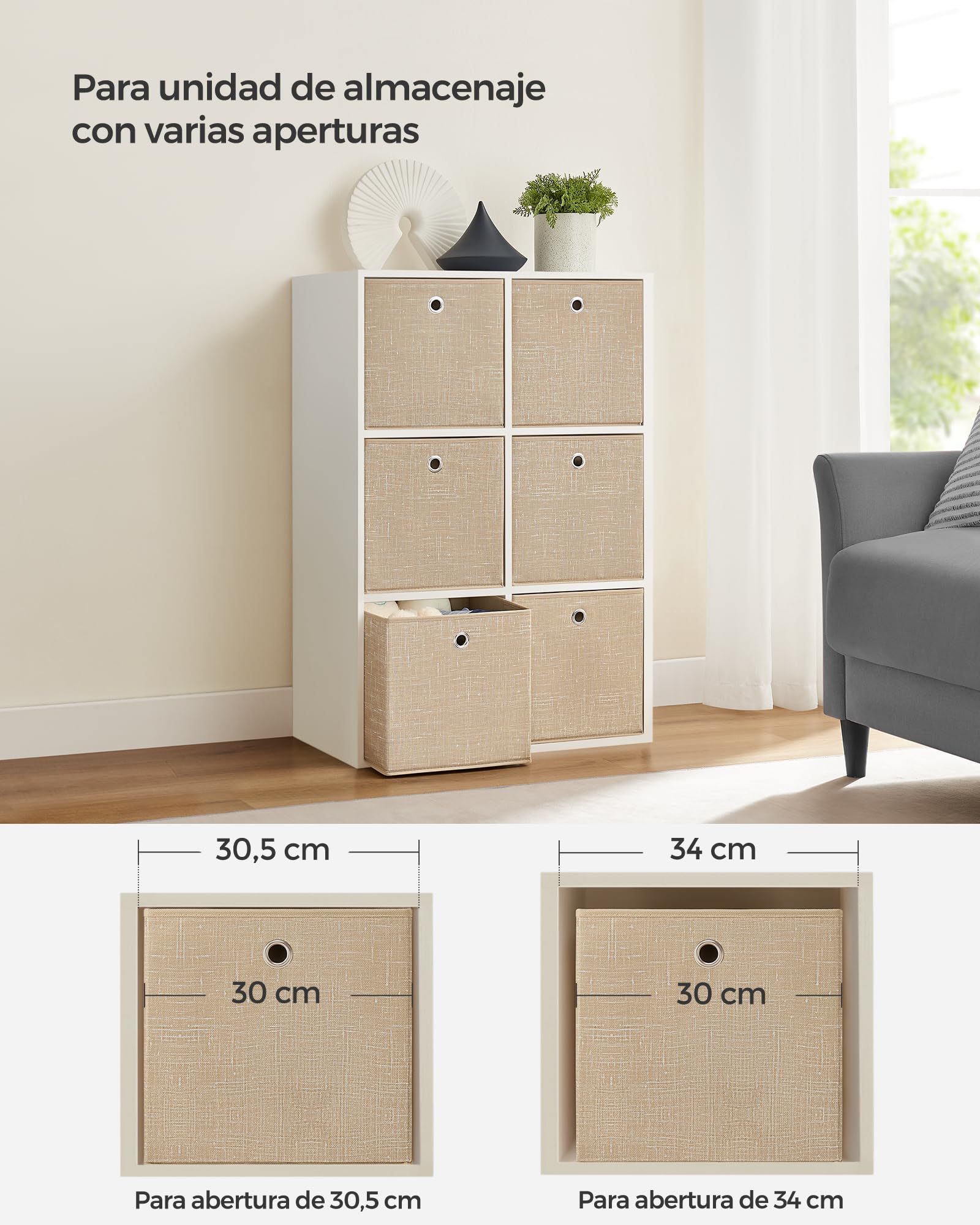 SONGMICS Cajas de Almacenamiento, Juego de 6 Cajas de Tela No Tejida con Asa, 30 x 30 x 30 cm, Unidad de Almacenamiento, para Estantes, Plegable, Almacenamiento de Ropa, Beige Arena RFB006K03
