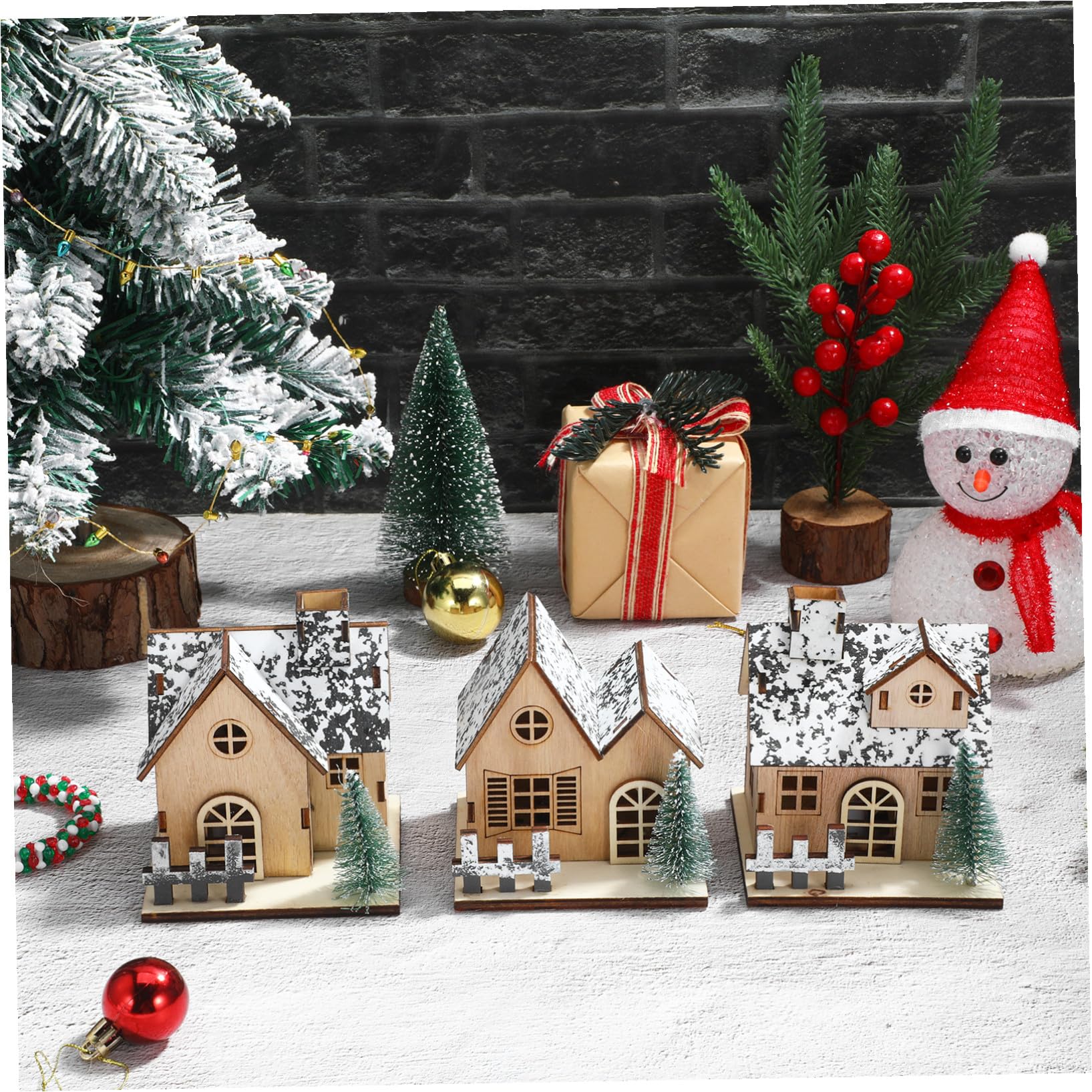 Levemolo 3pezzi Casetta Natalizia in Legno Luci LED Miniatura Casa di Legno Decorazioni Natalizie per Tavolo Centrotavola