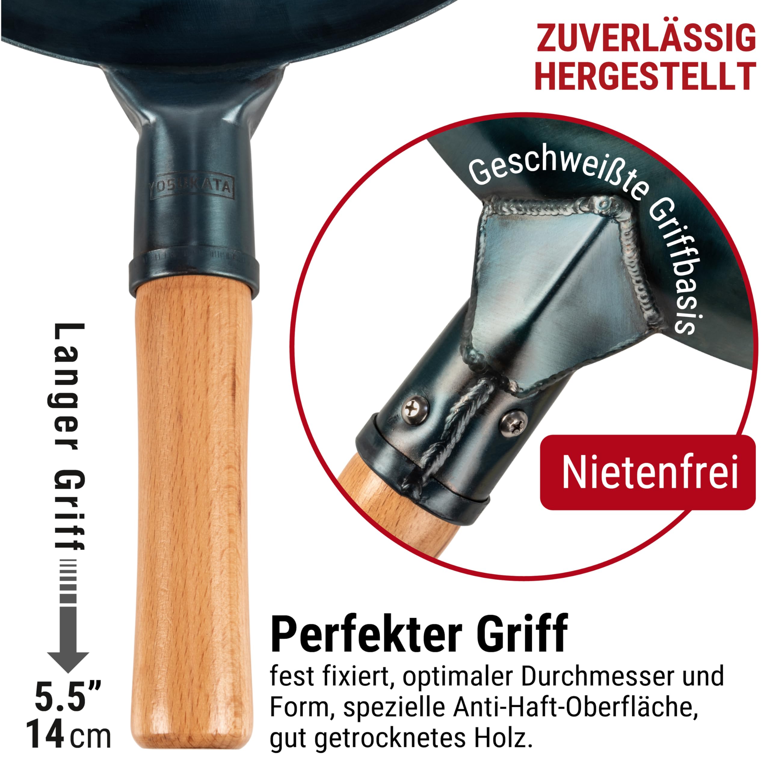 YOSUKATA Flacher Boden Blau Karbonstahl Woks & Wokpfannen 34 cm | Voreingebrannter Wokpfanne - Traditionell Wok für induktionsherd - Kompatibel mit Gas- Elektroherden Grill Induktion Feuer