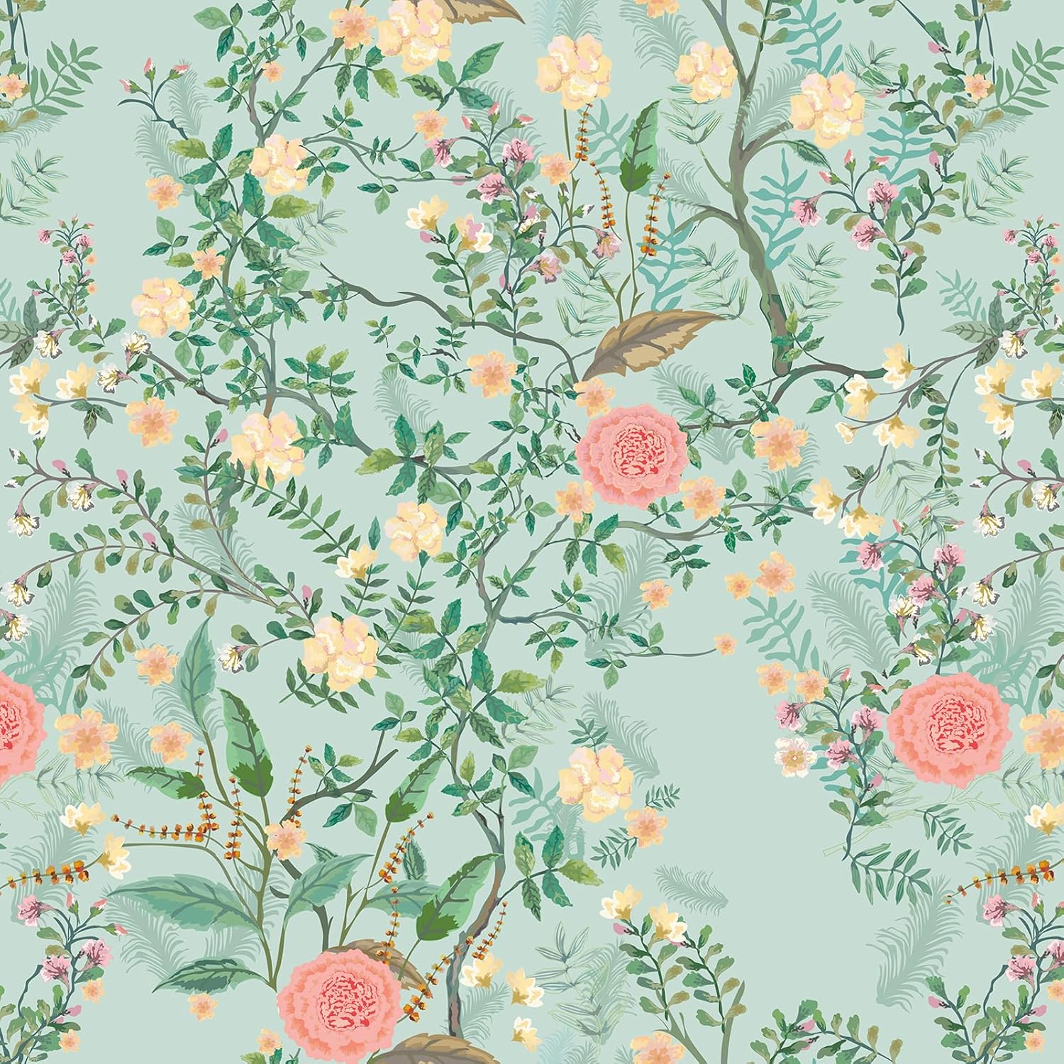 VEELIKE Aqua Green Floral Peel and Stick Wallpaper Vintage Chinoiserie Wallpaper Prepasted Floral Contact Paper for Cabinets Drawers Walls 17.7''x118'' Removable Vinyl Wall Paper for Bedroom Bathroom