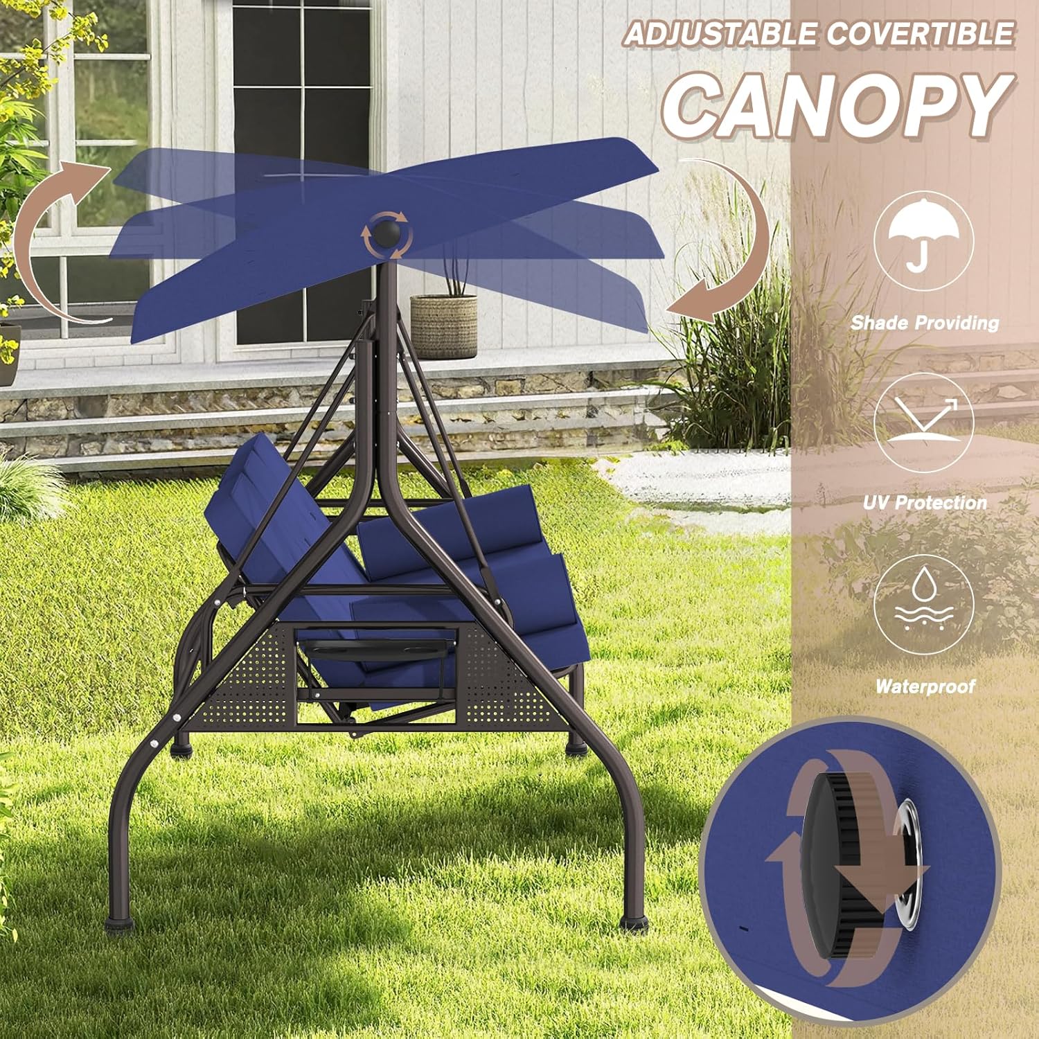 3 Seat Outdoor Porch Swing Bench, Adjustable Canopy Swing Chair, Convertible Backrest Swing Bed with Pillow & Cup Hold and Thicken Cushions, Dark Blue