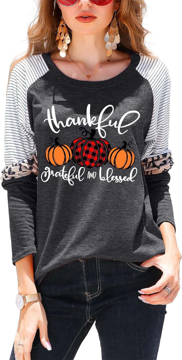 Thankful Grateful Blessed Shirts Women Thanksgiving Pumpkin T-Shirt Fall Tshirt Raglan Sleeve Top Tees - Image 3