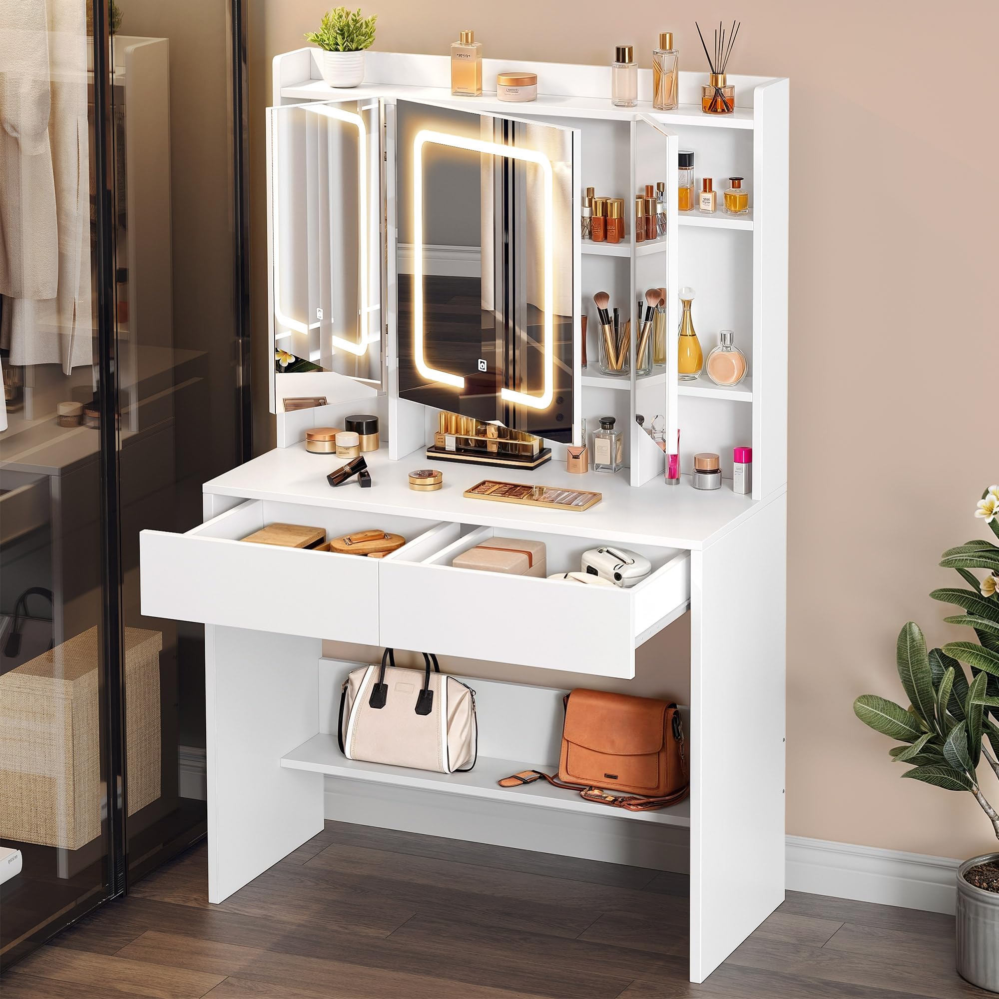 Woman looking into the illuminated mirror of the vanity desk, demonstrating the adjustable mirror feature.