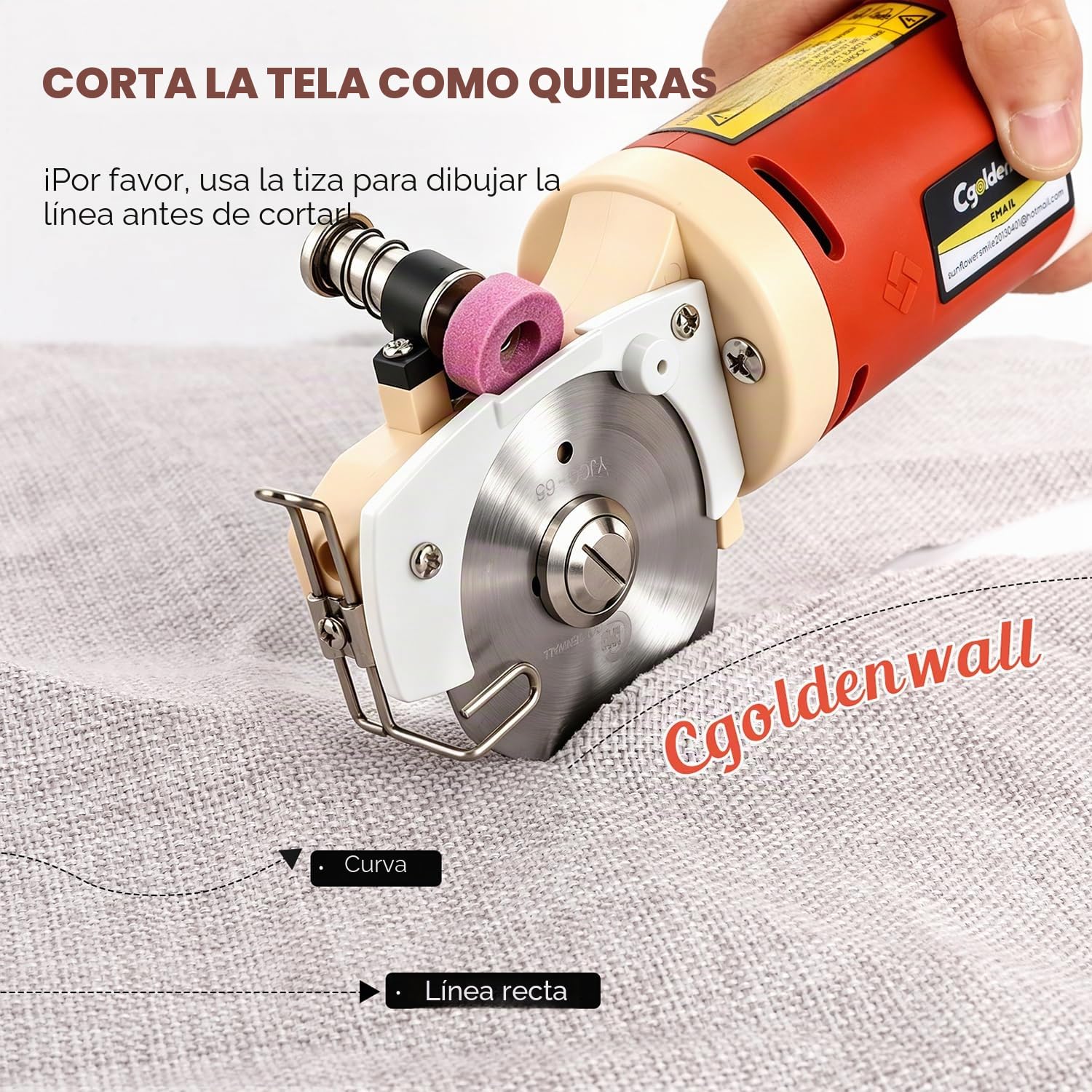 CGOLDENWALL YJ-65 Cortador de Tela Eléctrico con 22mm de Espesor Máx. de Corte, Tamaño de la Cuchilla 65mm, con Función de Afilado Automático, Ideal para Cortar Textil/Cuero/Alfombra