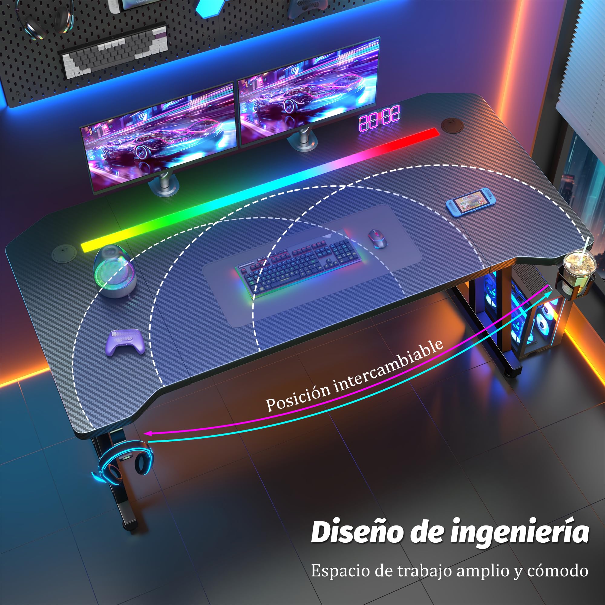 Escritorio Gaming LED 100 x 60 cm, Mesa de Ordenador con Banda RGB, Escritorio Gamer de Fibra de Carbono Ergonómicas, con Portavasos y Gancho para Auriculares, Negro