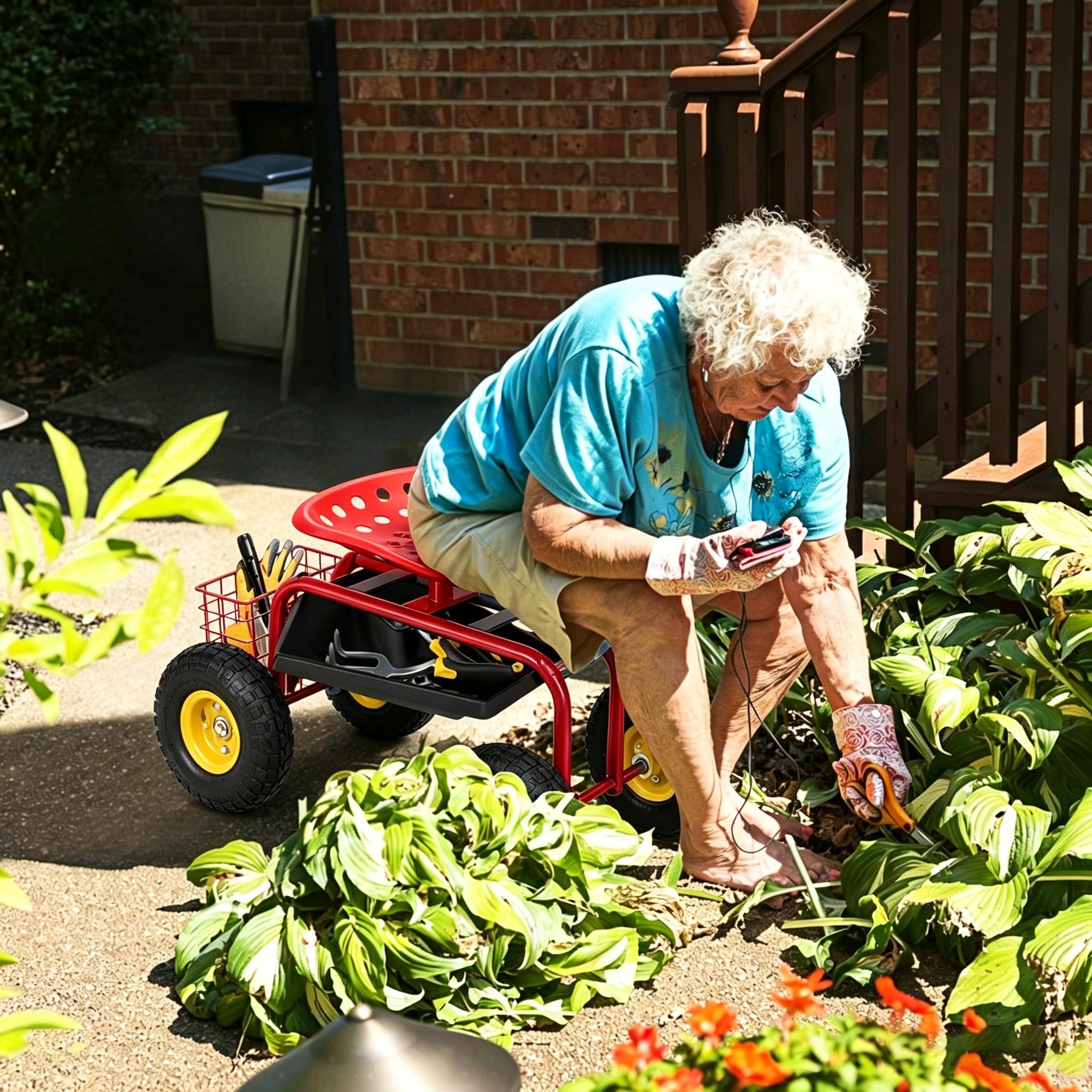 SOARS Siège Roulant de Jardin Pivotant à 360° et Réglable en Hauteur de 46 à 53 CM, Tabouret de Jardinage avec Étagère et Panier, Charge Maximale 150 KG, pour Jardinage et Entretien (Rouge)