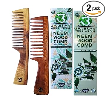 UPASKAR WOOD WORKS Neem Wood Wide & Fine Teeth Comb Combo Pack Enriched with Pure Neem Oil for Daily Hair Care and Scalp Oil Massage, Combo of Wide and Fine Teeth with Smoothen Tips and Long Handle