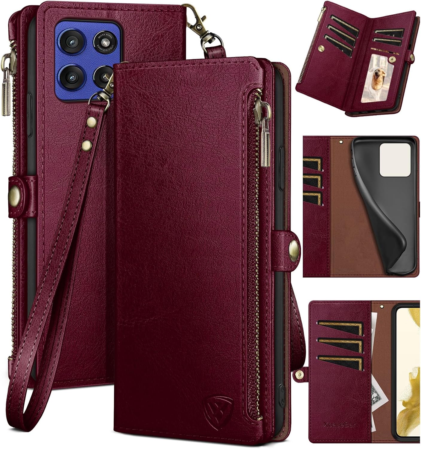 XcaseBar Compatible with Moto G Stylus 5G 2025 Wallet case with Zipper Credit Card Holder【RFID Blocking】,Flip Folio Book PU Leather Phone case Shockproof Cover Women Men for Stylus 5G 2025 Wine Red
