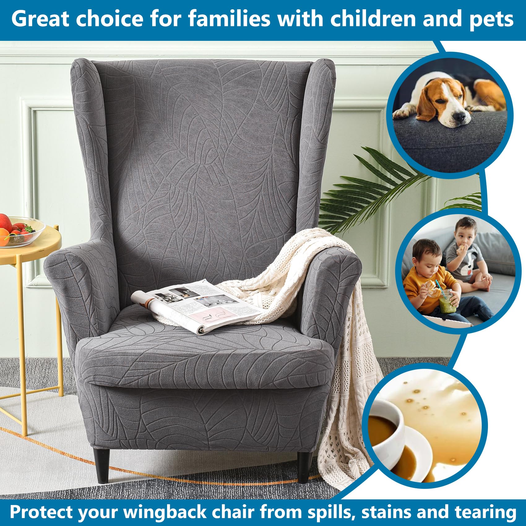 HZDHCLH Wingback Chair Covers 2 Piece With Arms Fashionable Elastic Sofa Protective Chair Cover Furniture Protection Chair Cover Suitable For Armchair Living Room Bedroom Hotel (Dark grey jacquard) - Image 3