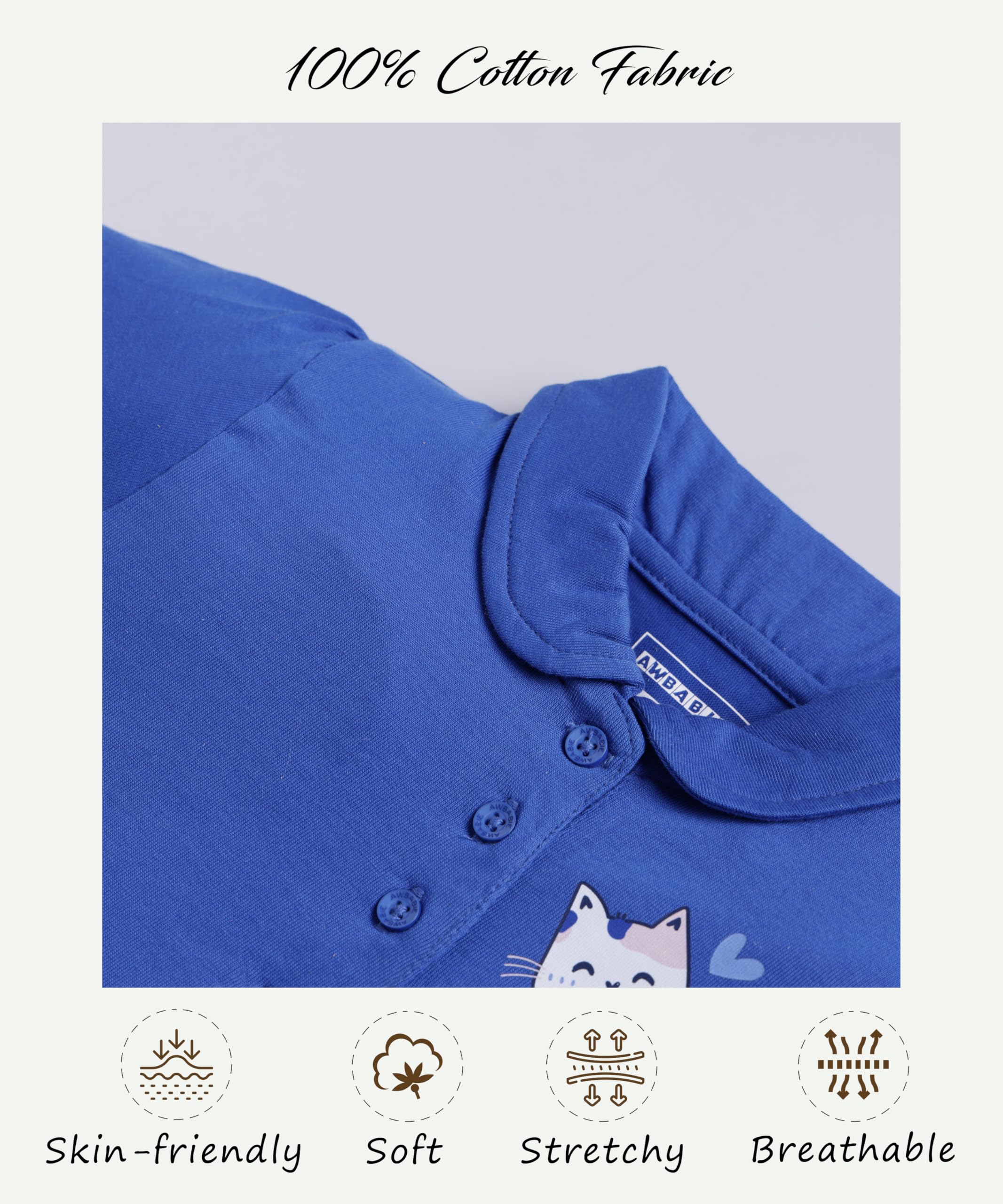 Awbabie Toddler Girls’ Polo T-Shirt | 100% Cotton | 180 GSM | Soft & Breathable | Elastic Armholes | Front Button Placket | Stylish & Comfortable (Surf The Web, 2-3 Years) - Image 3 thumbnail