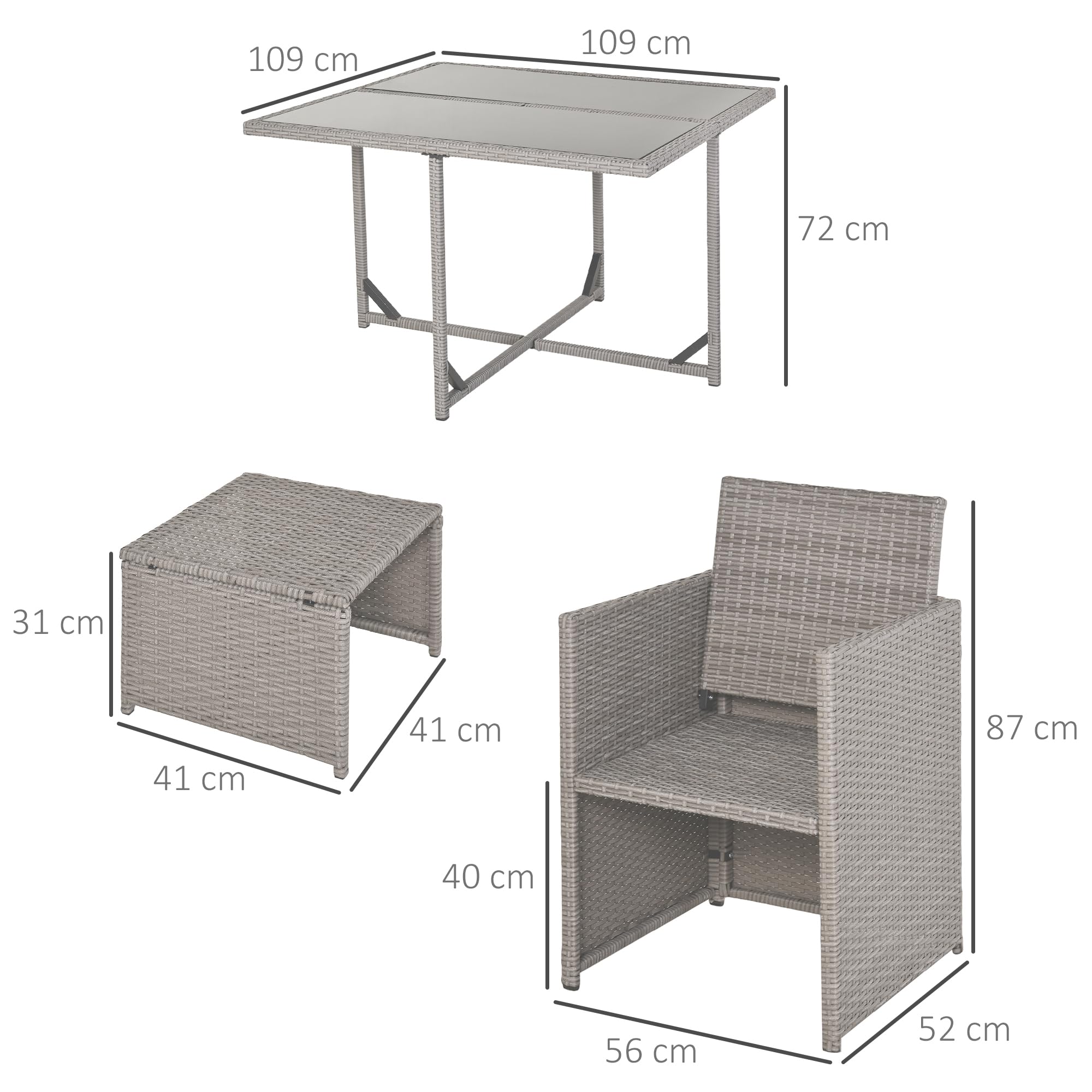 Outsunny Set Mobili da Giardino Esterno Tavolo con 4 Sedie 9pz Grigio | 4 Poggiapiedi, Rattan