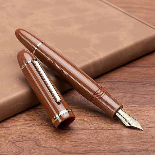 Miniatura 7 de Jinhao X159 - Pluma estilográfica de acrílico marrón, tamaño 8, punta media, borde dorado, diseño clásico, bolígrafo de escritura suave con