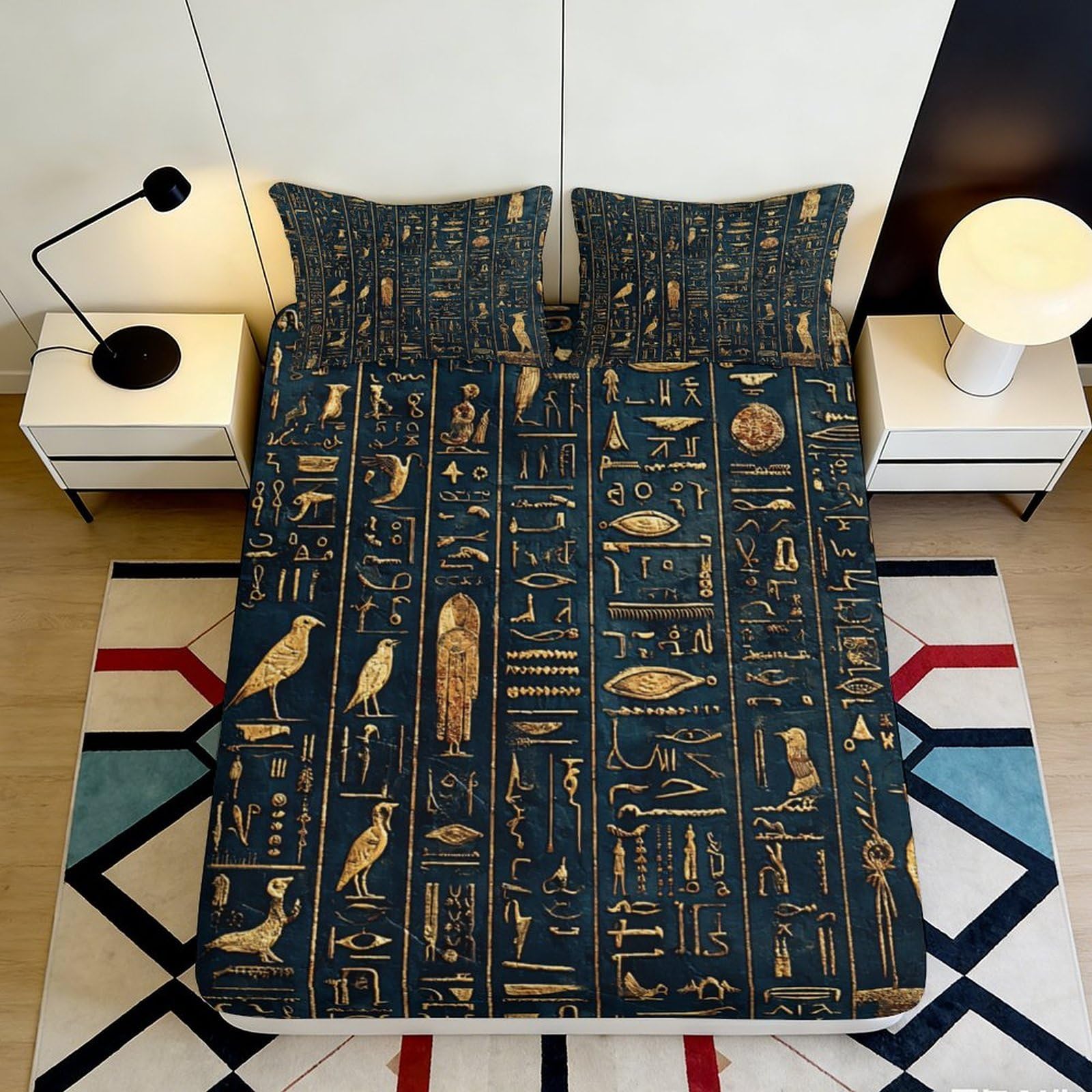3D Printed Egyptian Hieroglyph Fitted Sheet Microfiber Dark Blue Gold Ancient Symbol Bed Cover for Bedroom Guest Room Easy Care 90x200x25cm