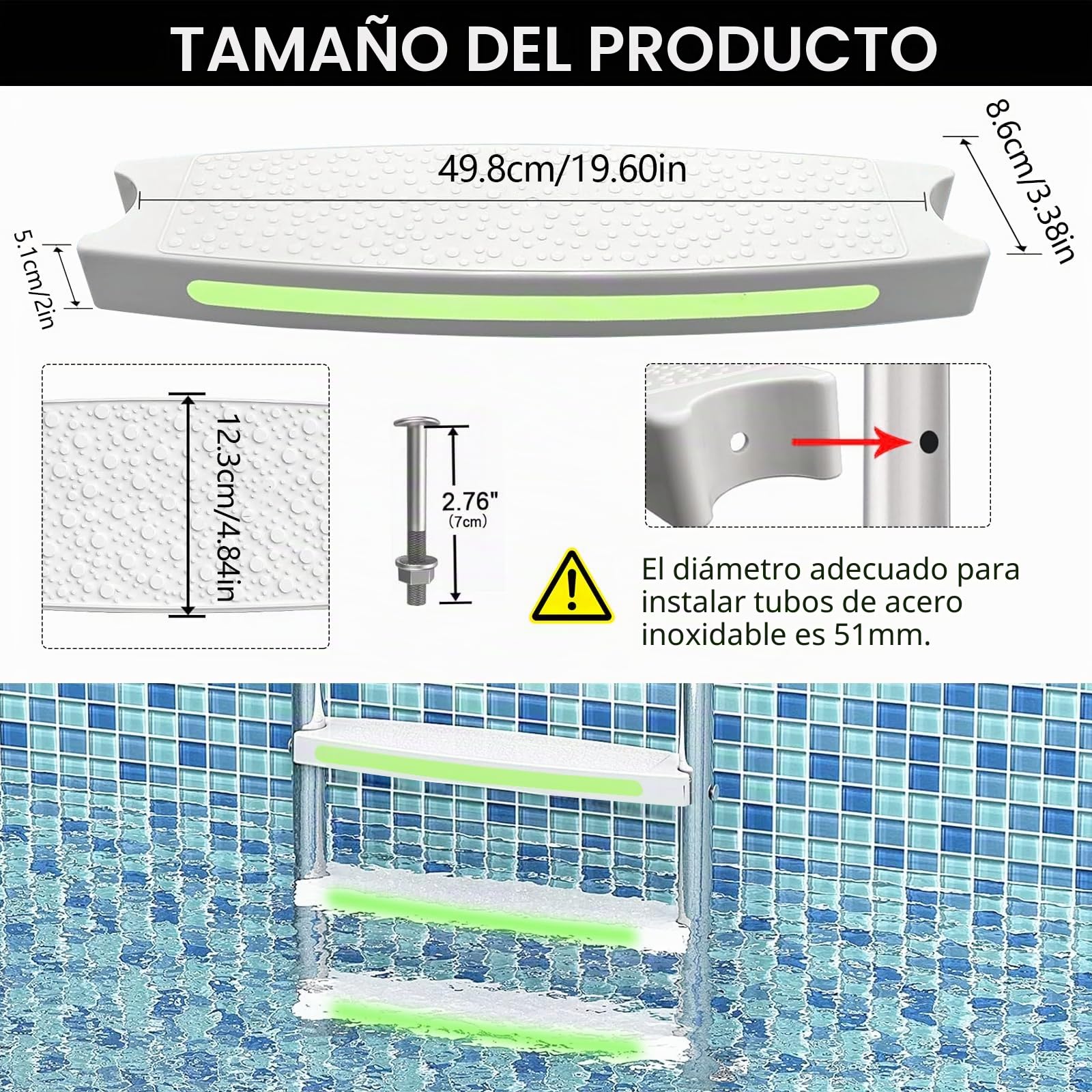 Escalera de piscina, repuesto para escalera de piscina con tiras reflectantes, nivel de repuesto para peldaños rectos para piscina, nivel de repuesto para escalones de piscina, antideslizante para