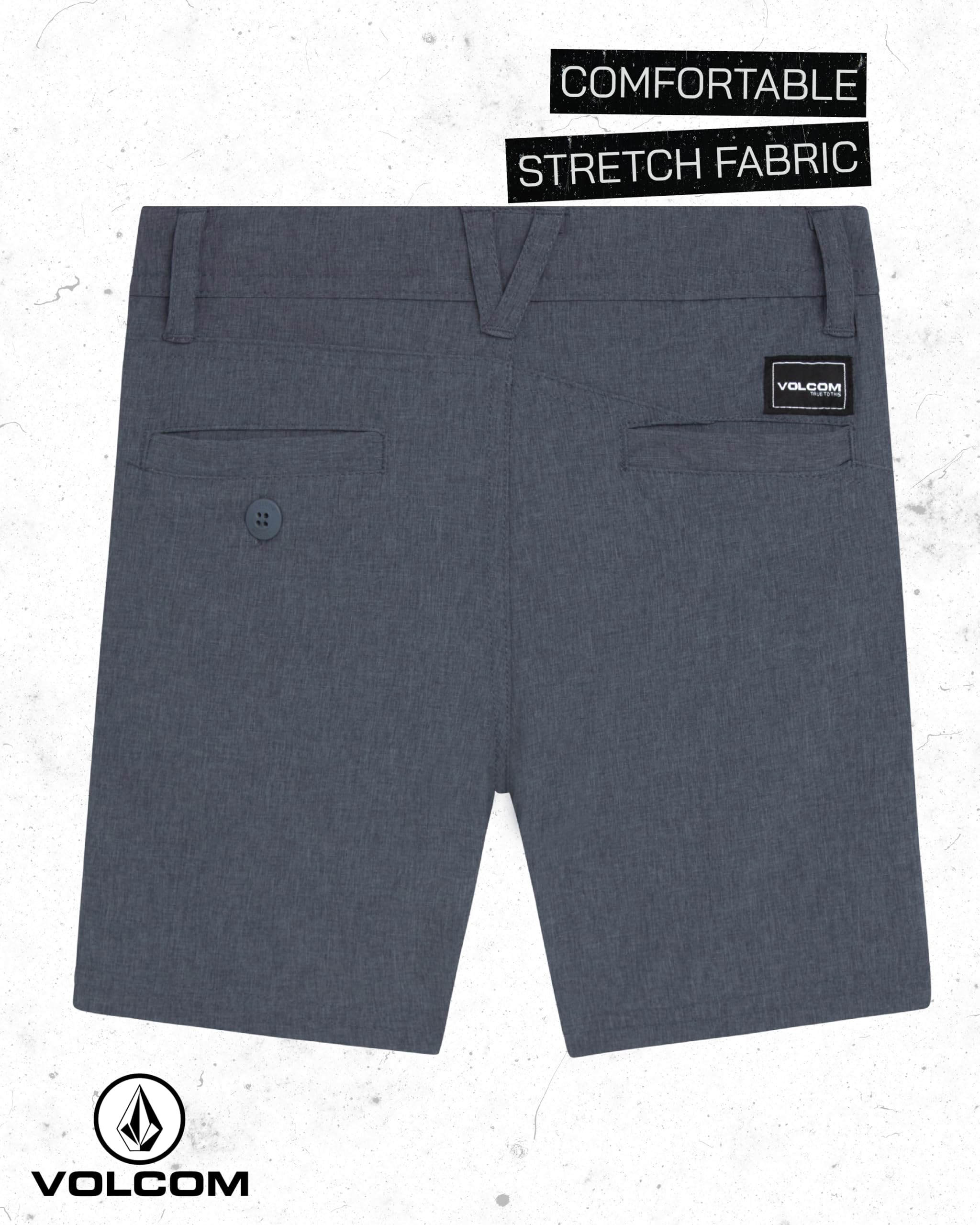 Volcom Pantalones cortos de sarga para niños, ajuste elástico, parte delantera plana, uniforme de golf para niños, estilo clásico sin cierre con trabillas para cinturón