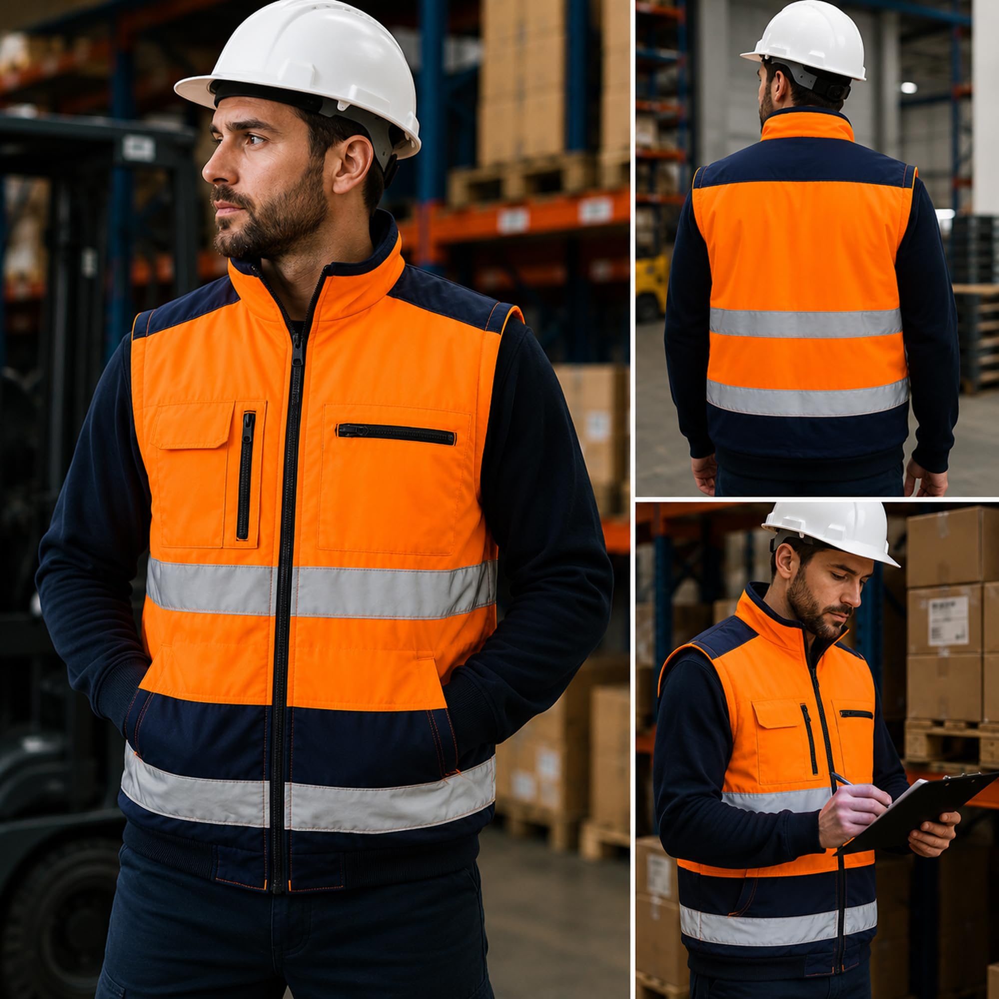 Veste haute visibilité orange avec capuche – Vêtement de travail réfléchissant EN ISO 20471 – Protection hiver avec poches multiples