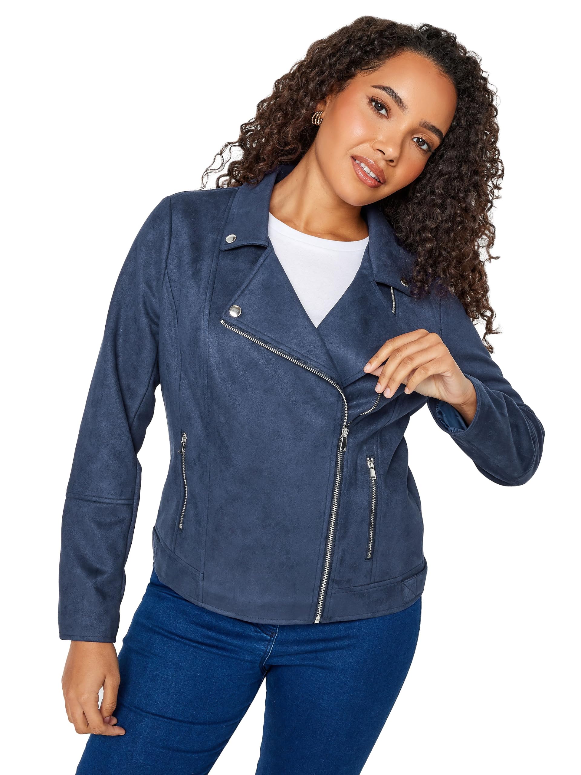M&Co Women's Mid Navy Faux Suede Biker Jacket In Size 14