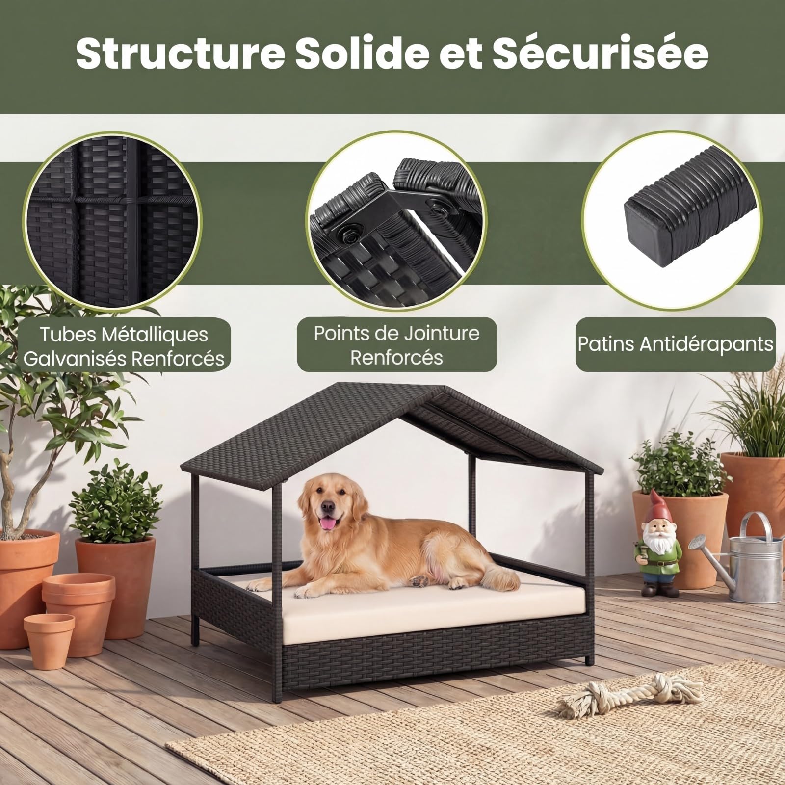 GYMAX Lit pour Chien Surélevé Extérieur avec Coussin, Panier pour Chien en Rotin PE avec Toit en Pente, Cadre en Métal Robuste, Bonne Ventilation, Abri Chiot 98 x 68 x 74 cm (Beige)