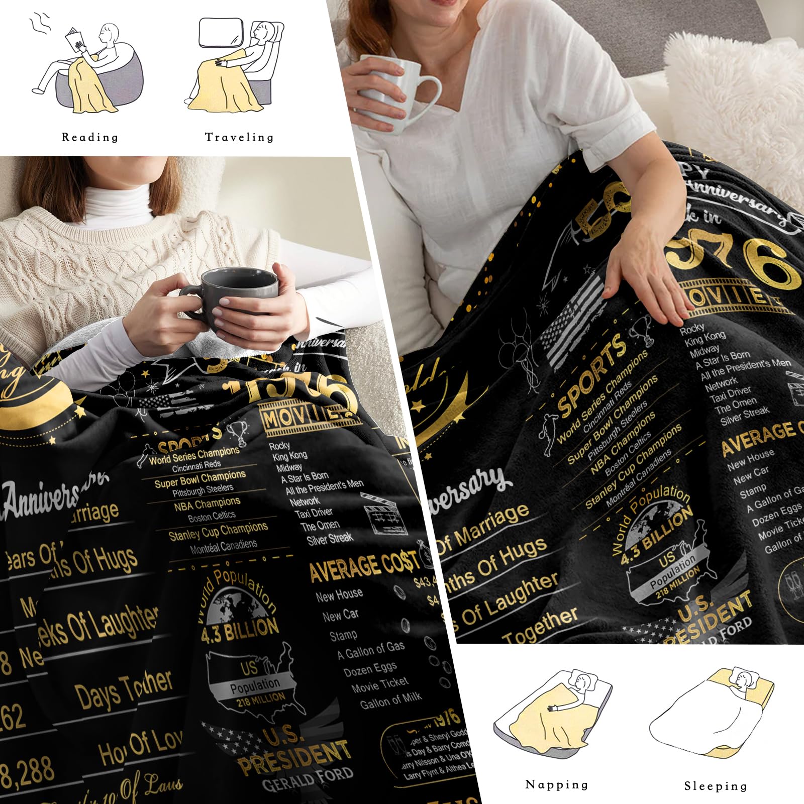 elseven 50th Anniversary Wedding Gift 50th Wedding for Her 50 Year Anniversary for Couples Wife Husband Best Anniversary Blanket Present Throw Blanket 50x60 Inch, Golden
