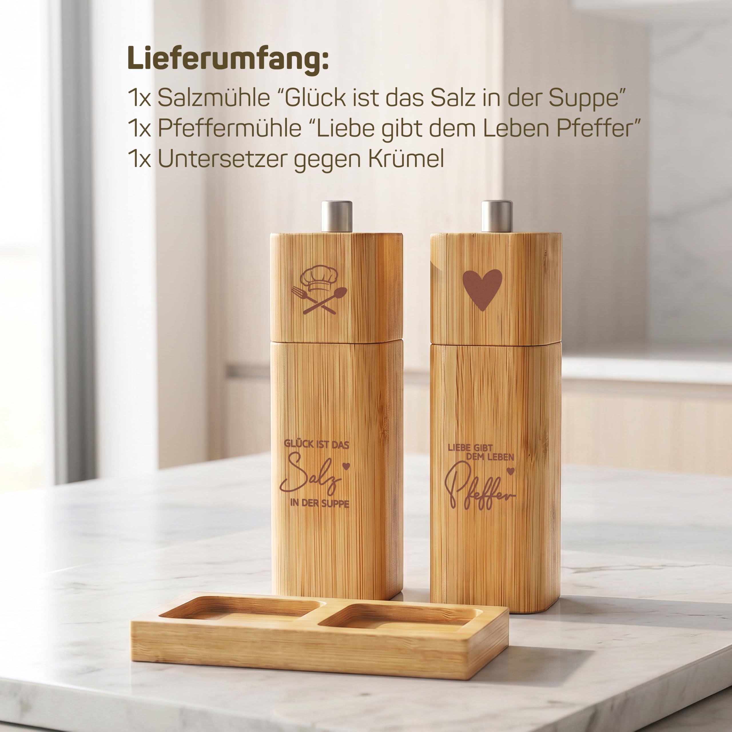 ELBFUCHS® Salz und Pfeffermühle Holz Groß [PERFEKTE GESCHENKIDEE] Liebevolles 2-er Set Pfeffer und Salzmühle mit Keramikmahlwerk | Ideal für Hölzerne Hochzeit Geschenk Einzug, Polterabend