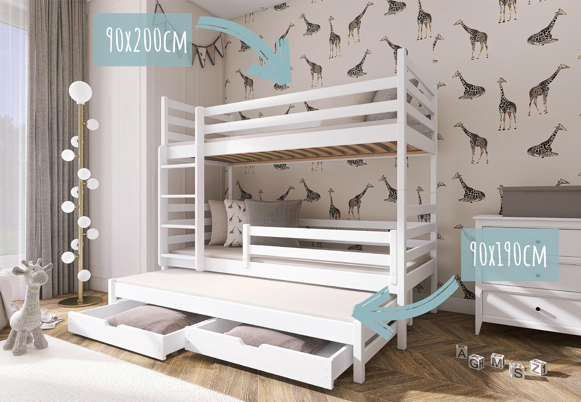 Kids Collective Hochbett 90x200 mit Ausziehbett Etagenbett Kinderbett mit Ausziehfunktion Zwei Schubladen Lattenrost Rausfallschutz umbaubar in DREI Einzelbetten, 4. bis 16. Lebensjahr Vollholz | weiß
