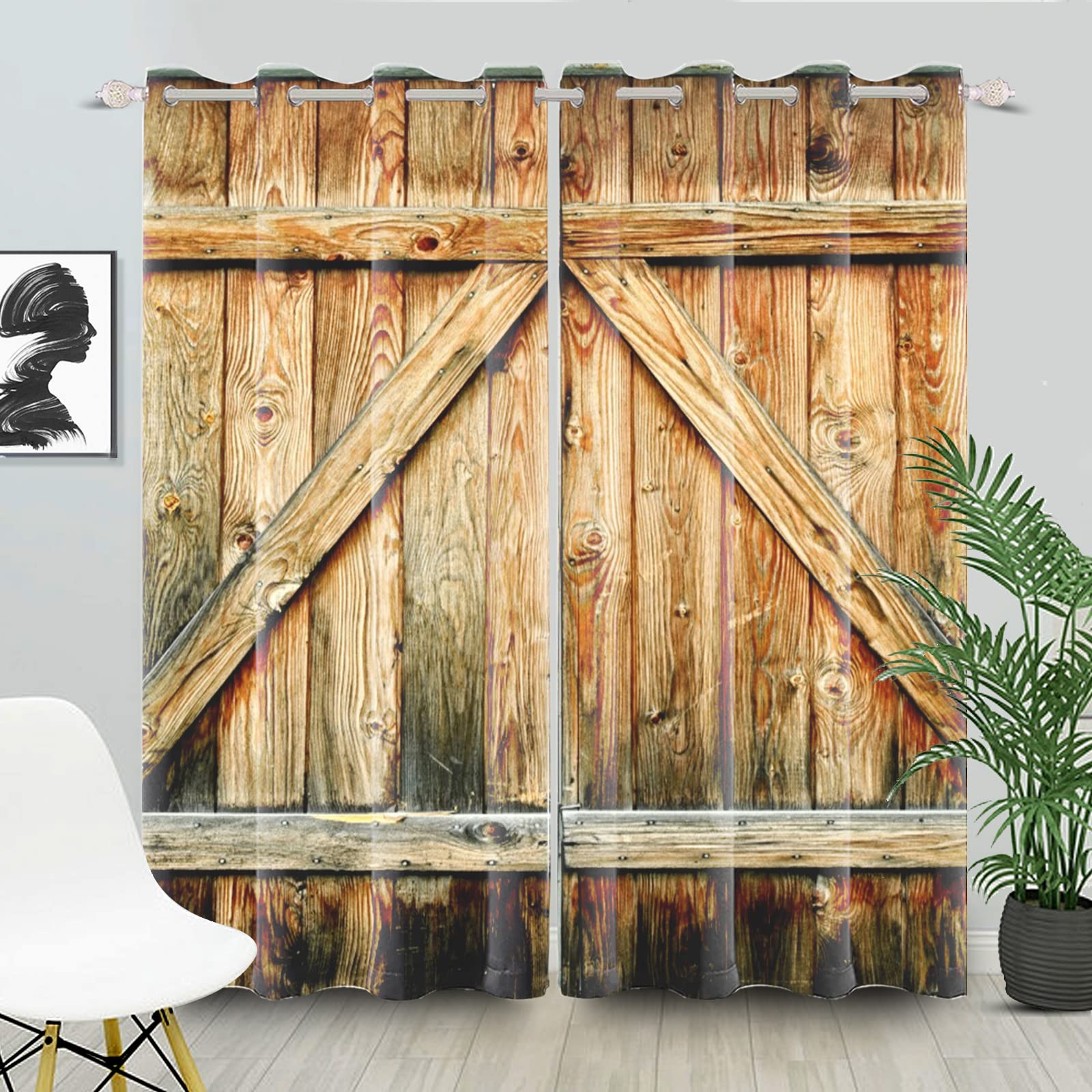 107x215cm Rideaux de fenêtre en Bois de Campagne Rustique en Bois Marron Porte de Grange Rideaux Ferme Occidentale Traitement fenêtre pour Salon Chambre décor Rideau occultant, 2 Panneaux