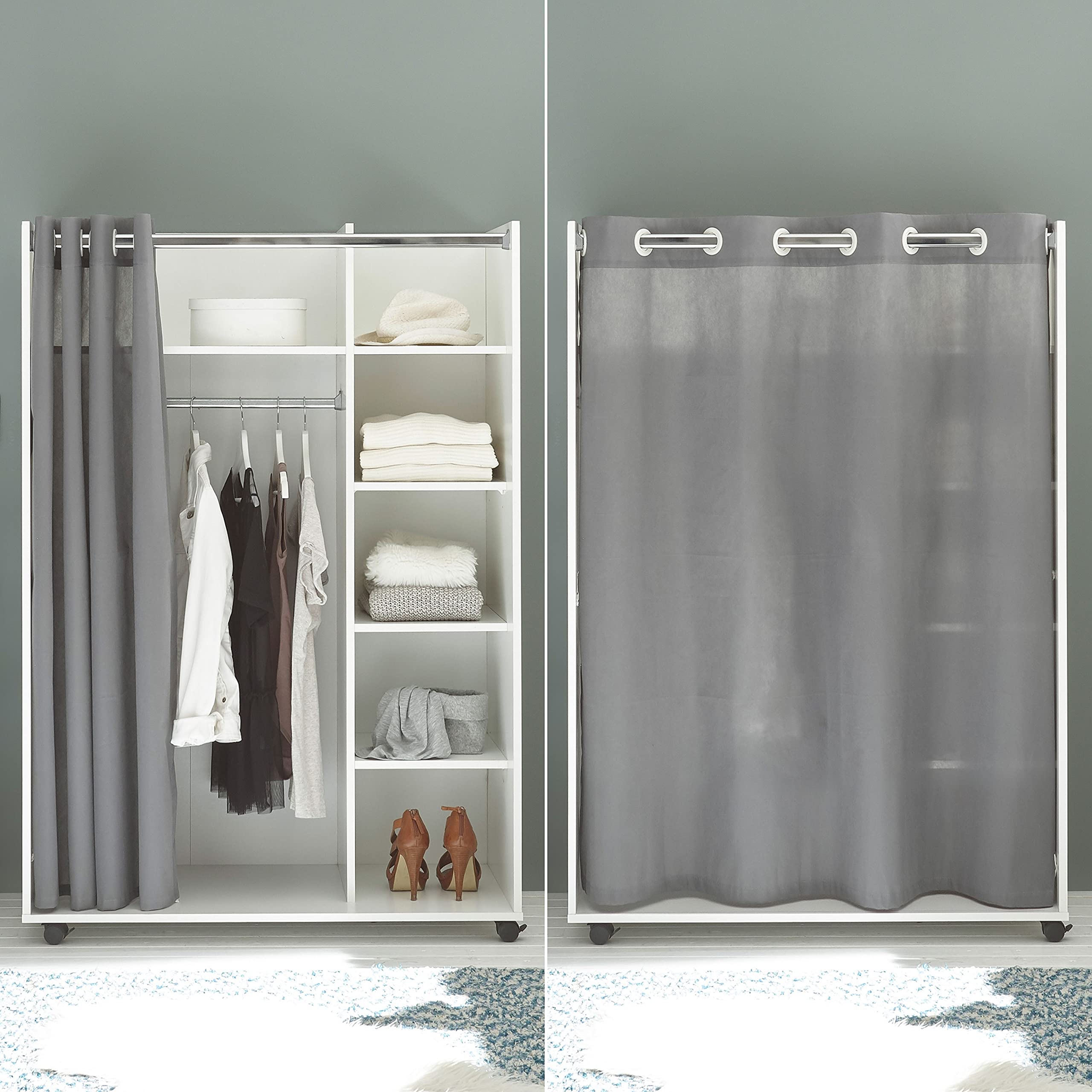 Stella Trading JENKE Mobiler Kleiderschrank auf Rollen, Weiß mit Stoffvorhang - Vielseitiger Allzweckschrank mit cleverer Inneneinteilung - 100 x 145 x 50 cm (B/H/T)