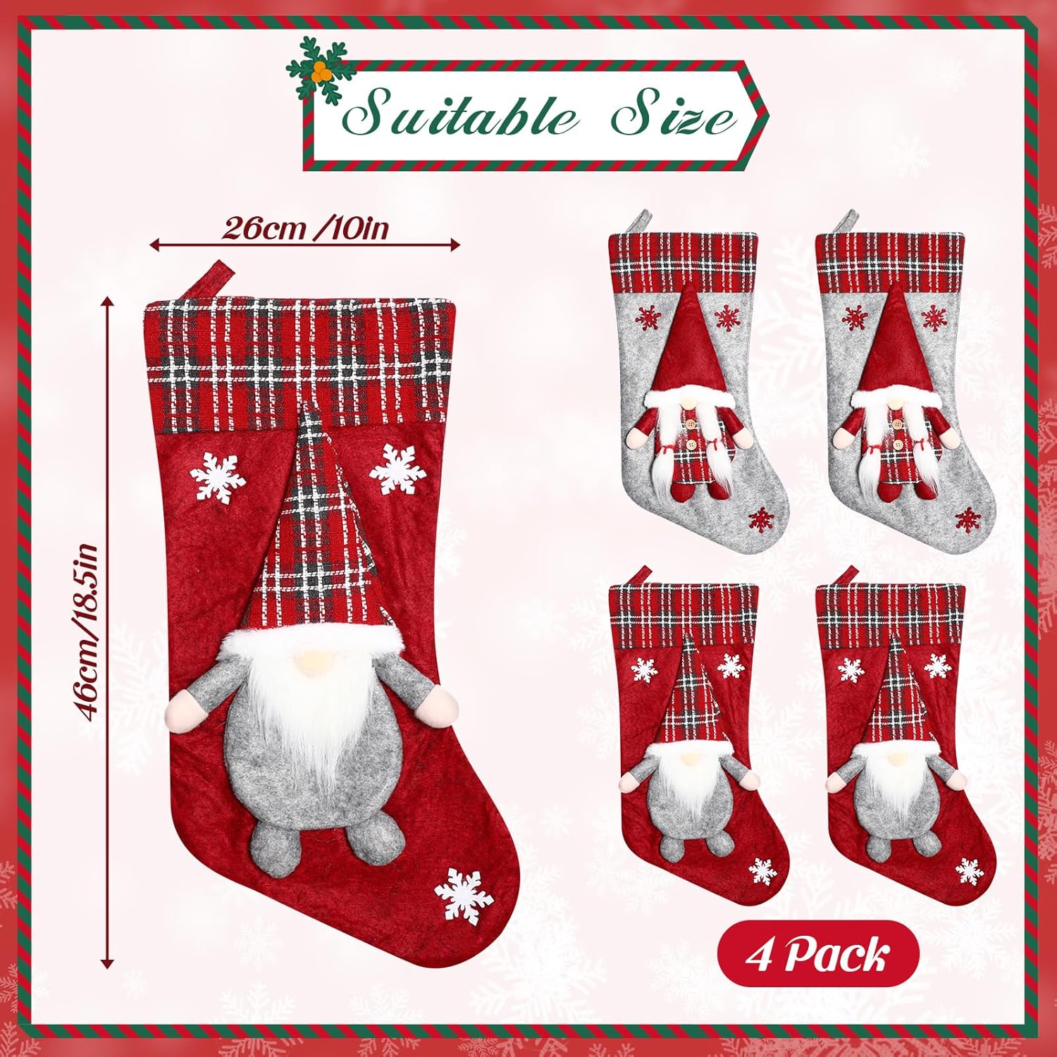 Lyrow 4 Pcs Christmas Stockings Gnome Set 18.5 Inch Christmas 3D Gnome Couple Buffalo Plaid Stockings Large Soft Checkered Hanging Xmas Decorations for Xmas Fireplace Family Holiday Party Supplies
