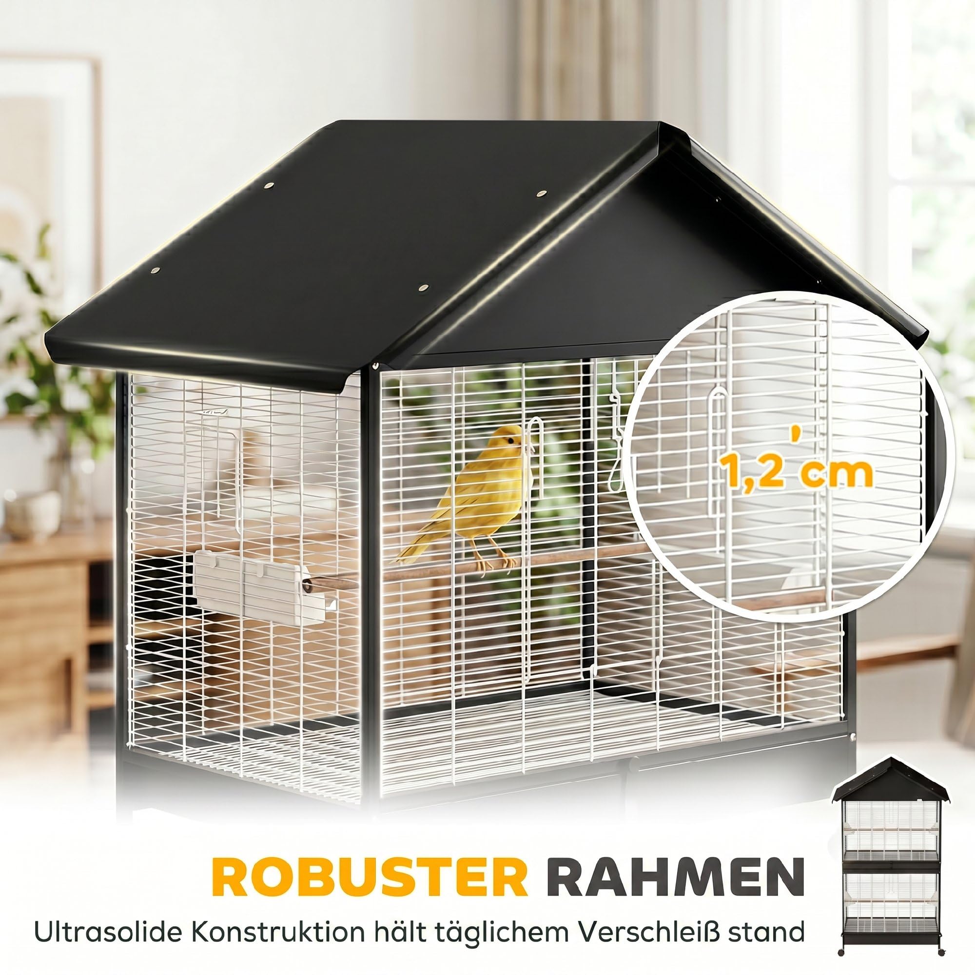 PawHut Vogelvoliere Groß Vogelkäfig mit Abnehmbar Trennwand 2 Türen 2 Holzstangen Rollen 2 Schalen 4 Futterspendern Vogelhaus XXL Vogelbauer für Wellensittiche Nymphensittiche Kanarien 94 x 70 x 158cm