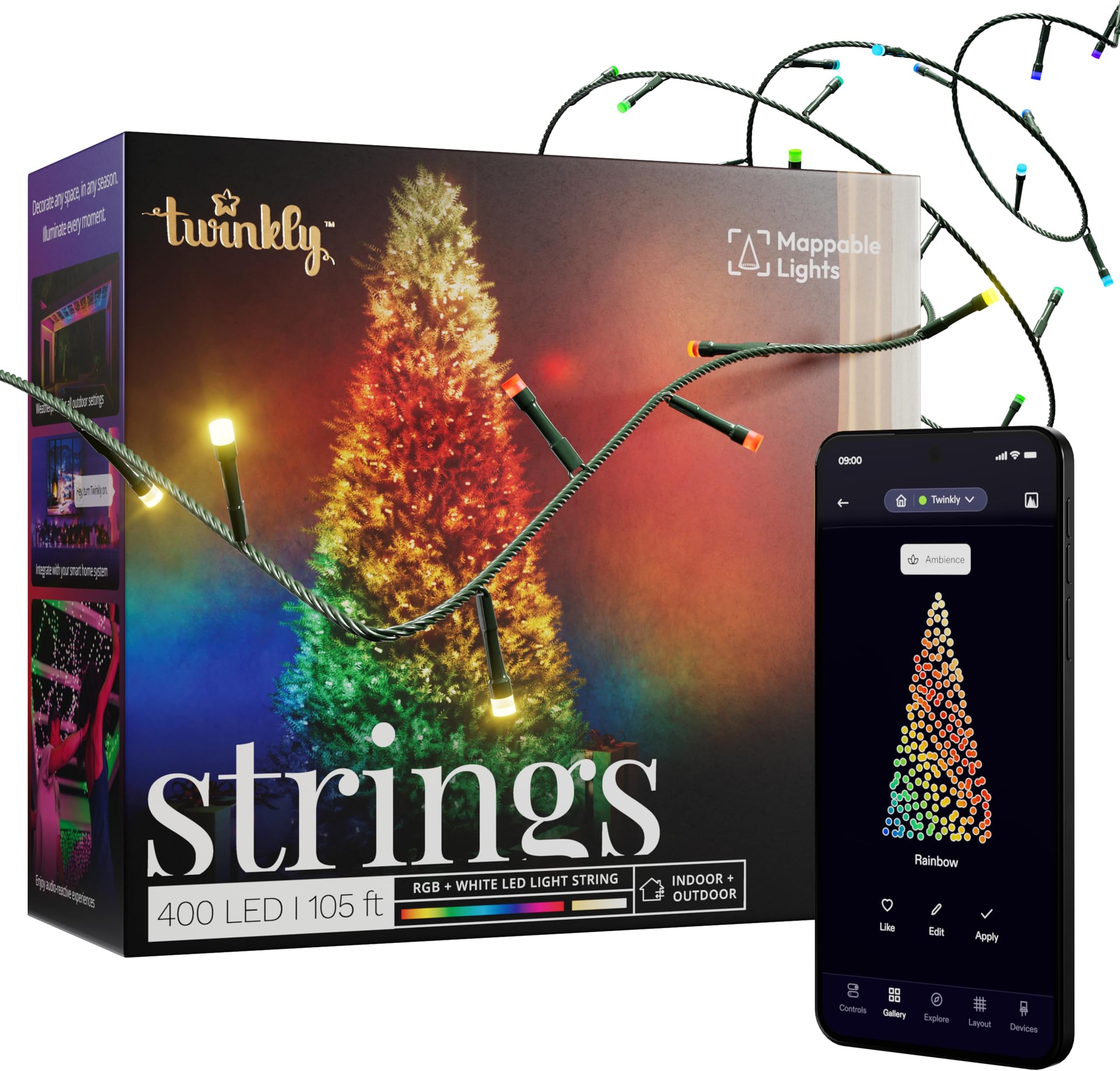App-Controlled 105ft Smart String LED Lights with 400 RGB+W LEDs- WiFi & Bluetooth Connectivity, Sync with Music, Indoor/Outdoor Use (IP44), Compatible with Google Assistant & Amazon Alexa