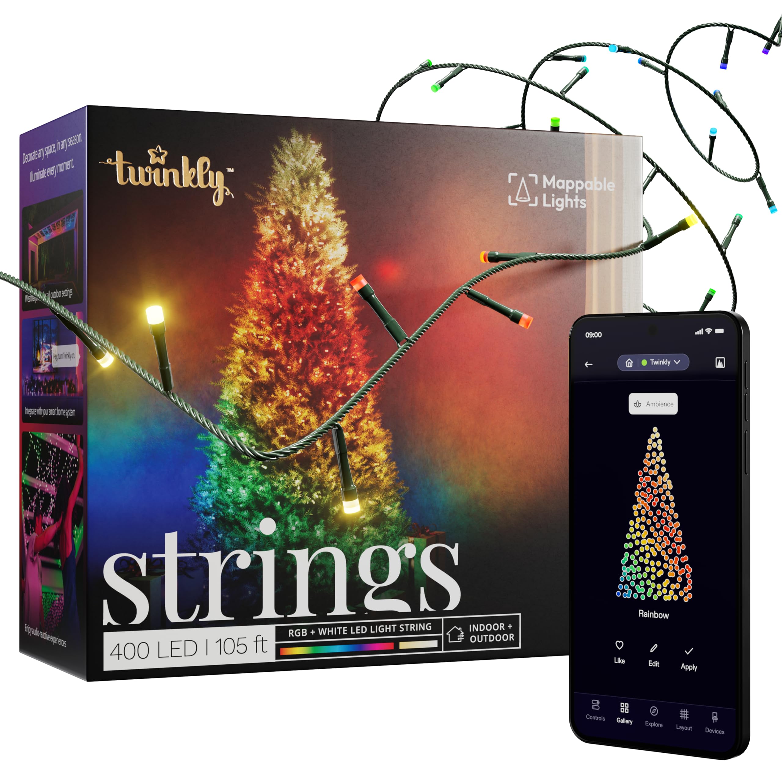 Twinkly Strings App-Controlled LED Christmas Lights 400 RGB+W (16 Million Colors + White) 105 ft. Green Wire. Indoor/Outdoor Smart Lighting Decoration