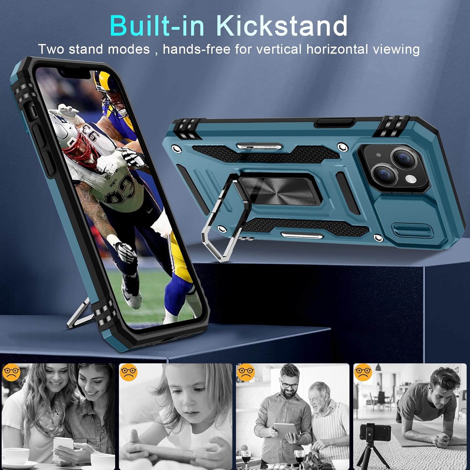 DEERLAMN Case for iPhone 14 Plus with Slide Camera Cover+Screen Protector(1 Pack), Rotated Ring Kickstand Military Grade Shockproof Protective Cover 6.7 Inch-Light Blue - Image 5