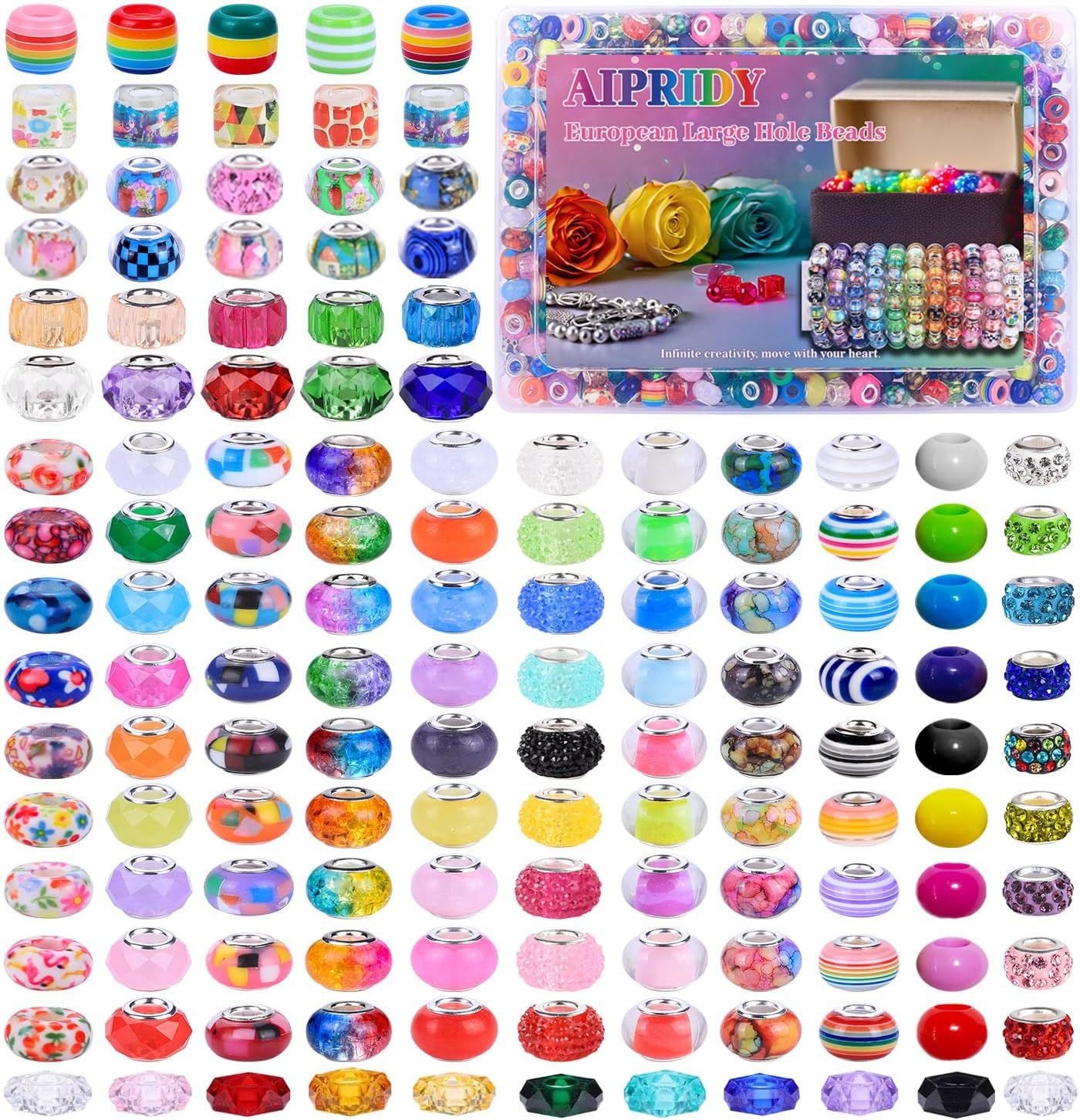 AIPRIDY European Large Hole Beads, Colorful Glass Charm Beads Set, Assorted Patterns and Designs (520 Pcs Mixed Color)