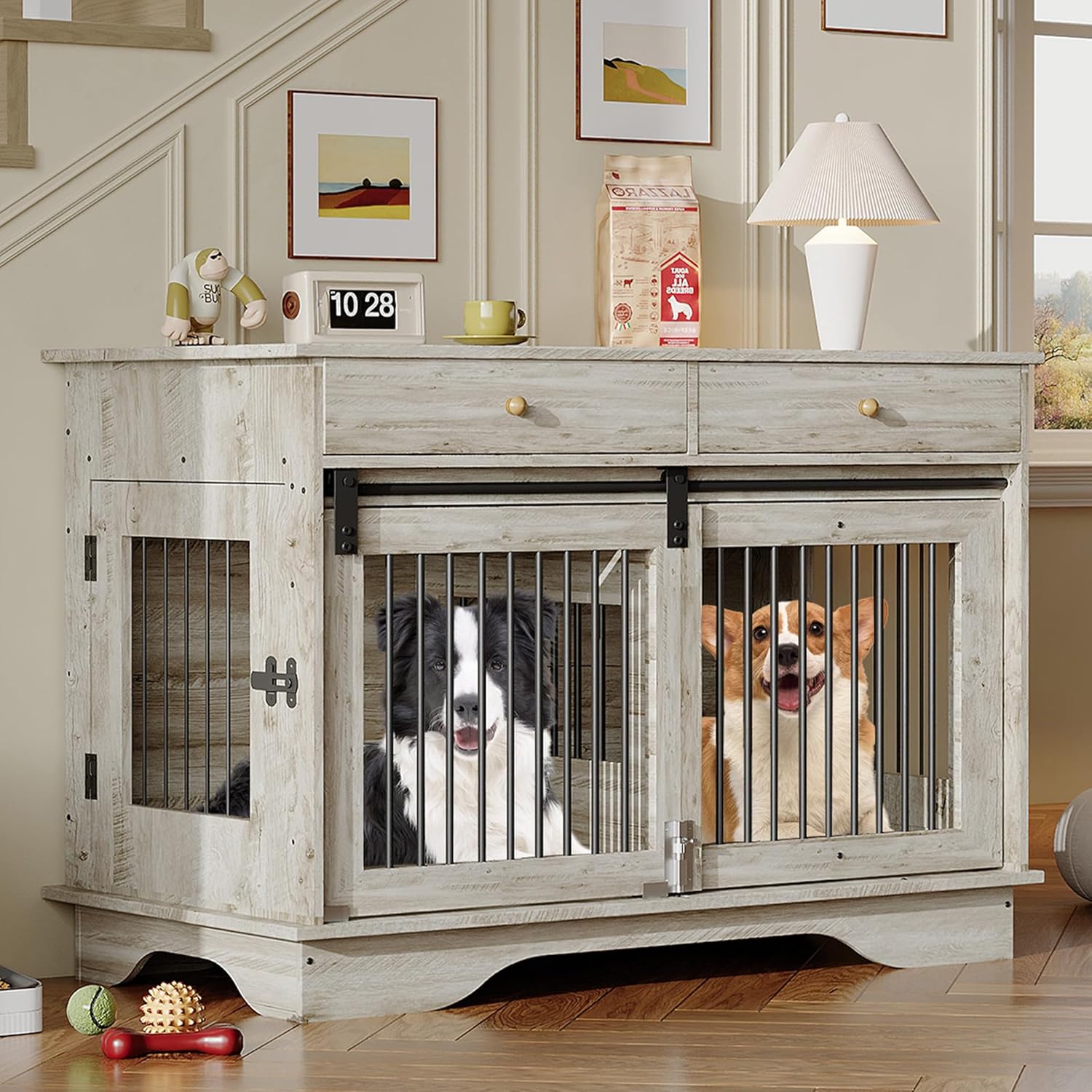 Large Dog Furniture Crate, 47 Inch Furniture Style Dog Crate with Removable Divier for Large/Medium/Small Dogs,Grey