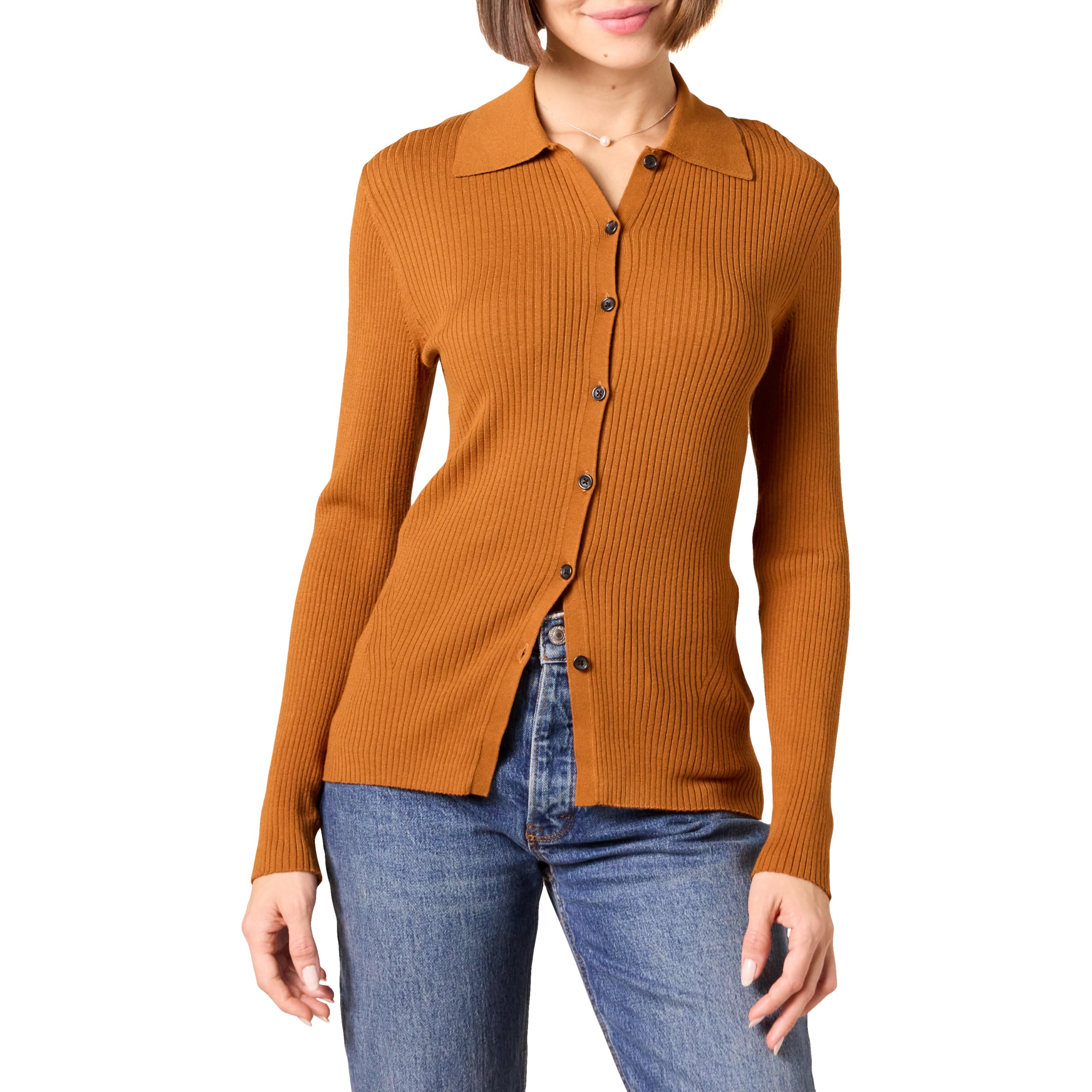 Amazon Essentials Women's Fine Gauge Stretch Polo Ribbed Cardigan, Dark Caramel, XL
