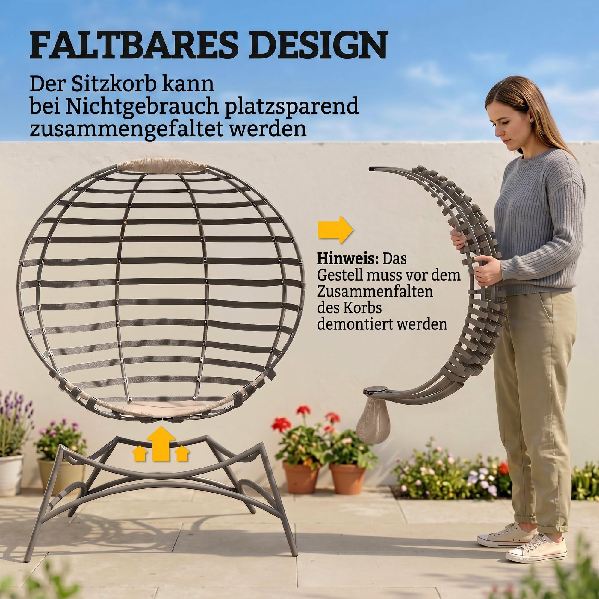 Outsunny Papasansessel mit Kissen Faltbar 118 x 77 x 139 cm Sandbraun | Gartenstuhl, Korb-Stuhl Oval, Loungesessel, Korbsessel Outdoor, für Balkon Terrasse Indoor, Stahl