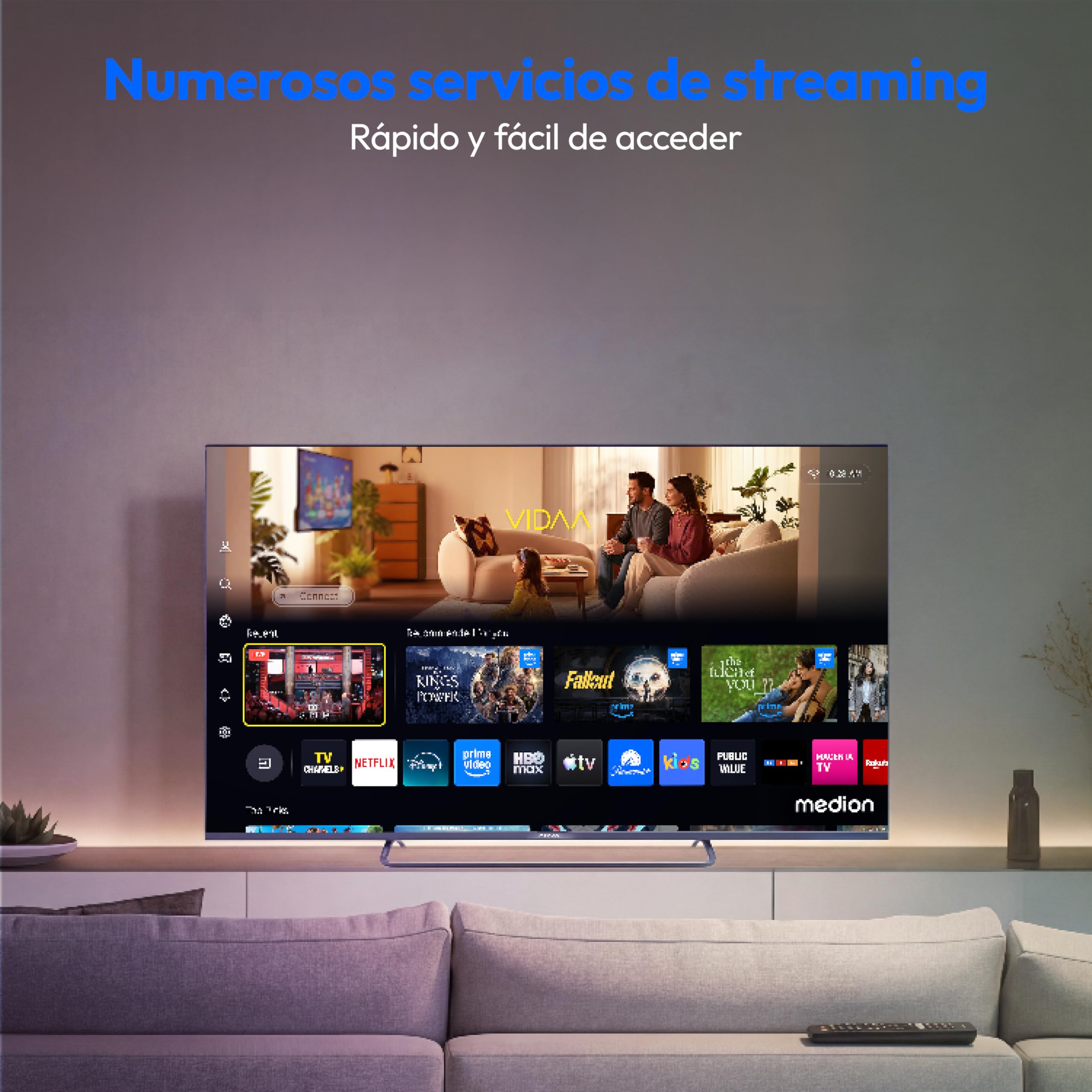MEDION 125.7 cm 50" Televisor QLED Ultra HD Smart TV Dolby Vision HDR Dolby Atmos Vida Store Prime Video Disney+ DAZN HbbTV PVR Bluetooth HD+, MD850602