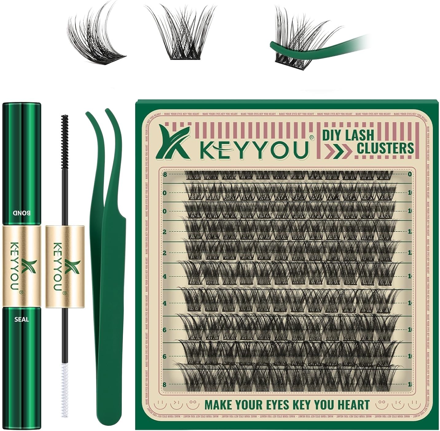 KEYYOU DIY Eyelash Extensions Set, 120 Pieces, Lash Extension Set, D Curl, 8-16 Mix Eyelash Cluster with Super Hold Cluster Binding and Seal and Applicator (DV02KIT)
